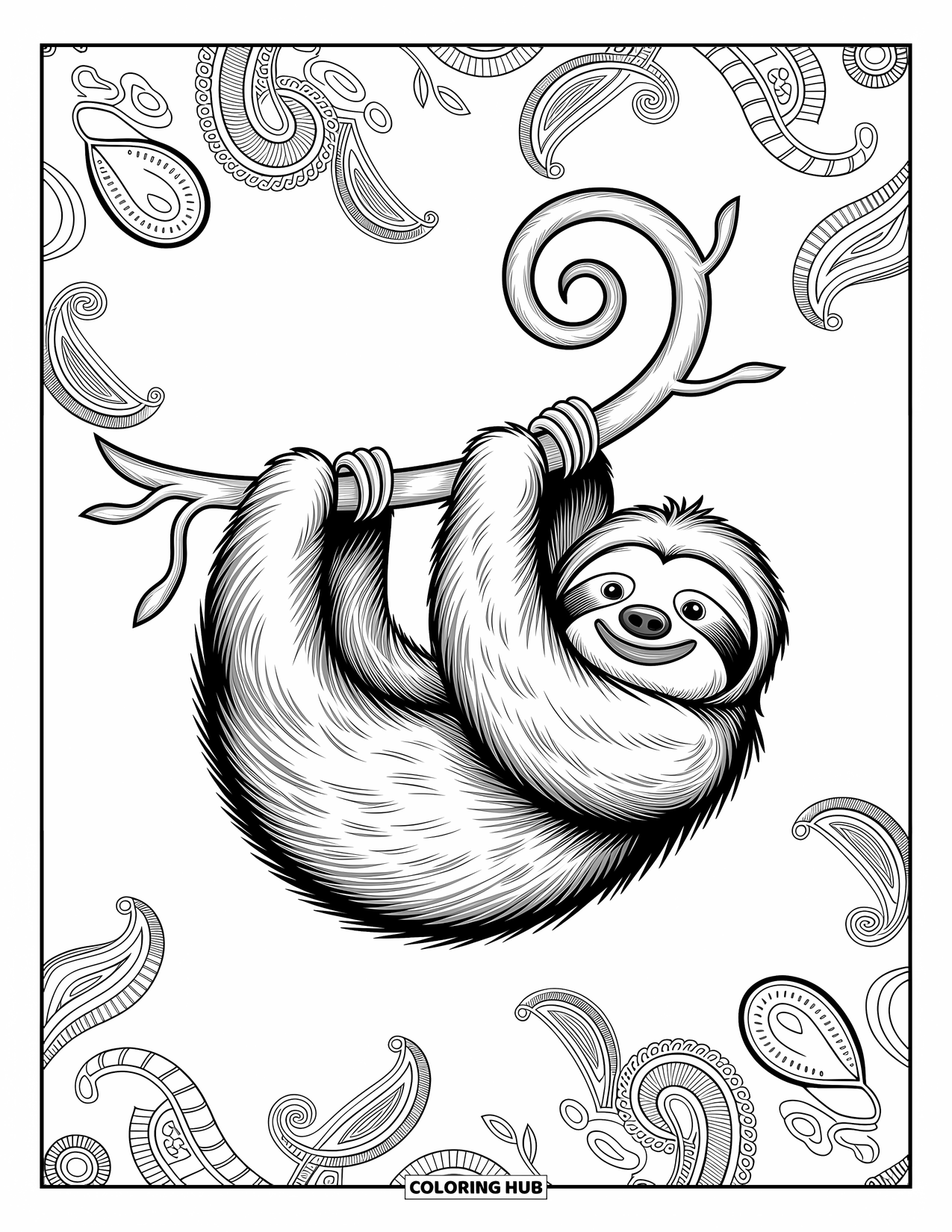 Disegno di un bradipo da colorare per adulti: Un bradipo si avvolge attorno a una vite a spirale con dettagliati disegni paisley e vorticosi