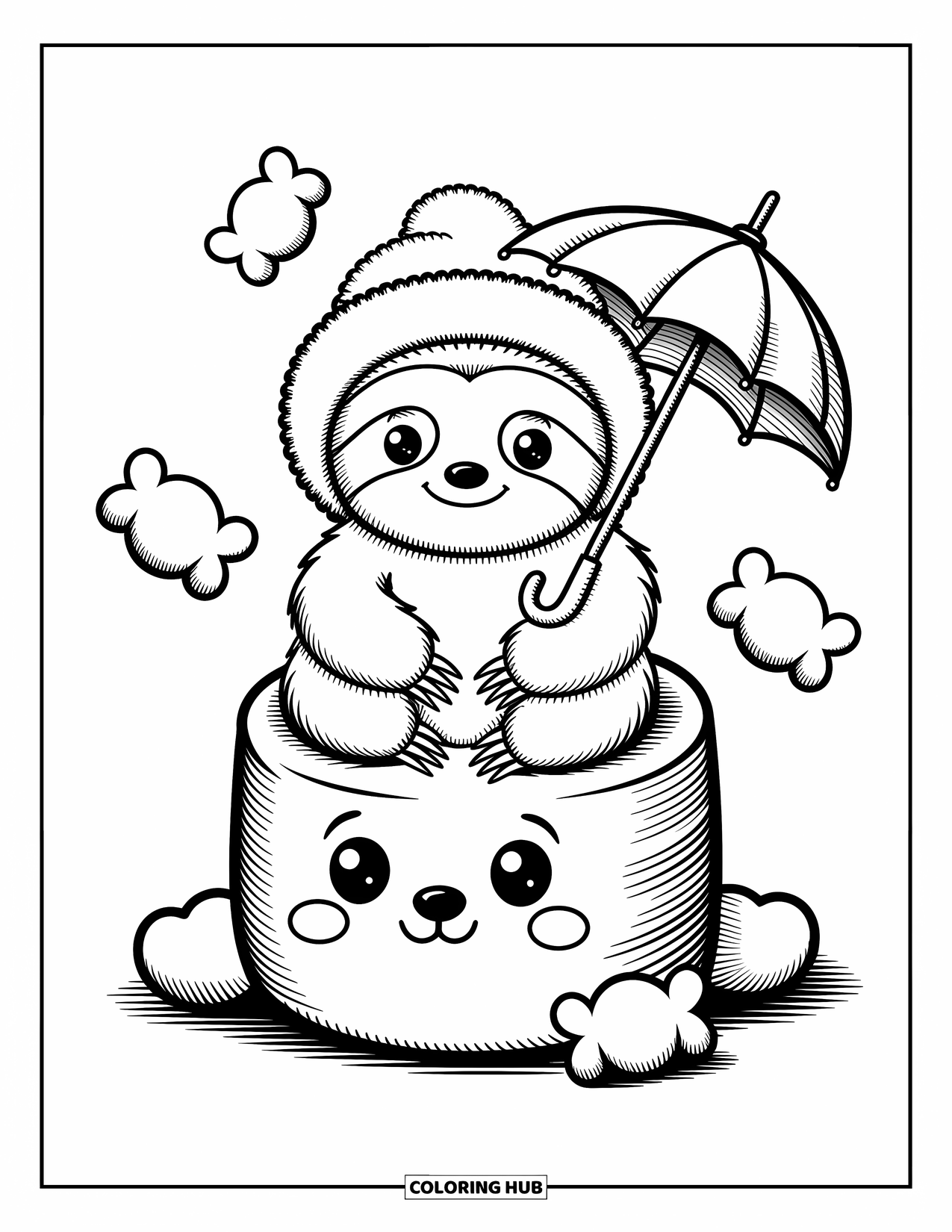 Disegno di un bradipo da colorare per adulti: Un piccolo bradipo su un marshmallow tiene un ombrello, circondato da giocose forme di caramelle