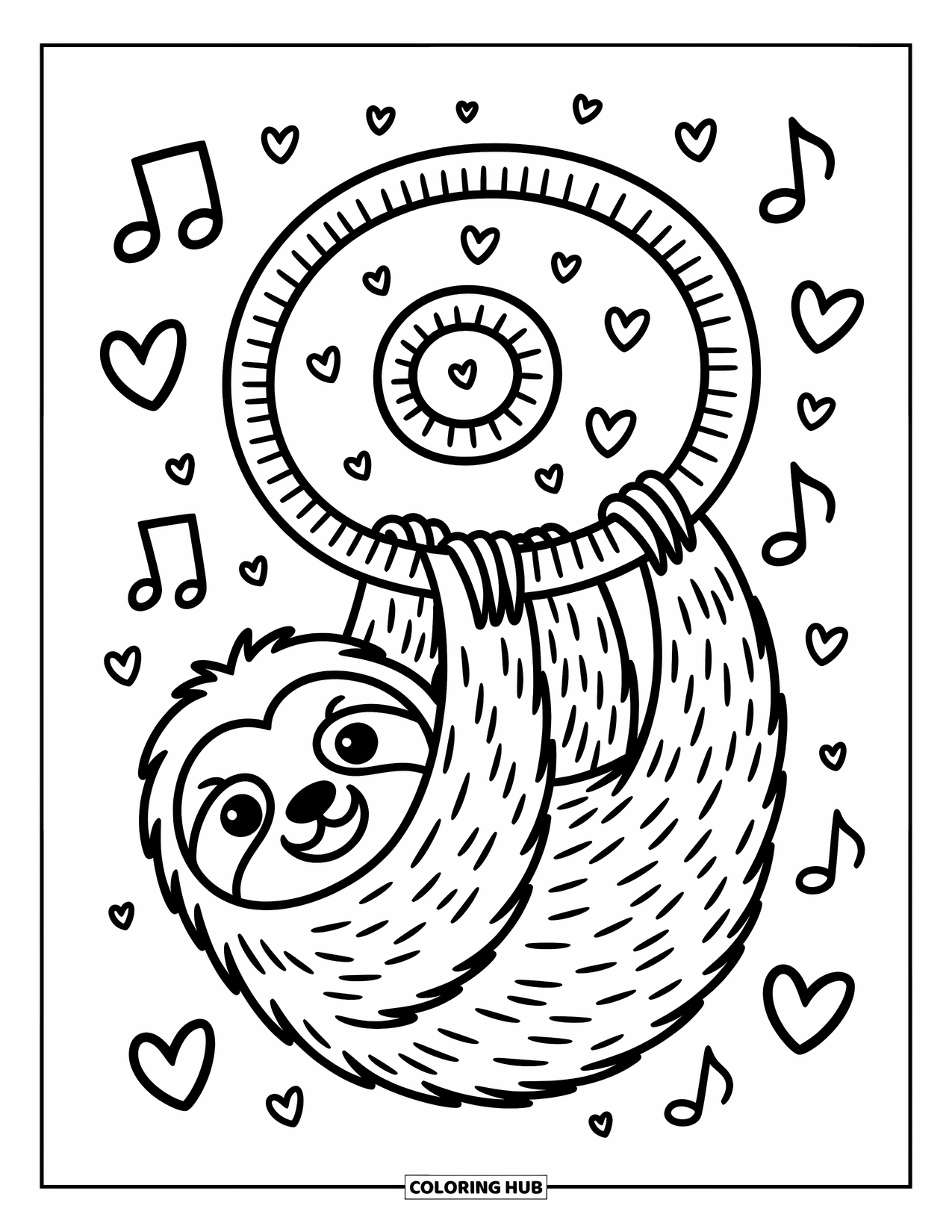 Disegno di un bradipo da colorare per adulti: Un bradipo sorridente è appeso a una vite riccia con cuori, note e vortici fluttuanti nelle vicinanze