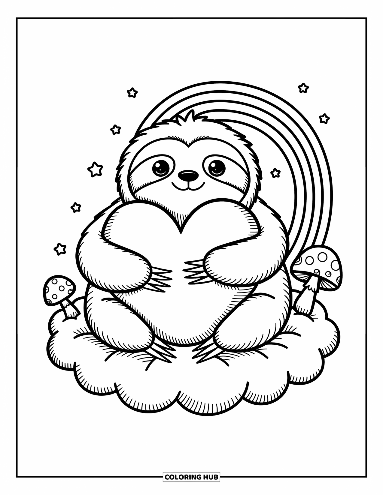 Disegno di un bradipo da colorare per adulti: Un dolce bradipo abbraccia un grande cuscino a forma di cuore su una nuvola soffice con stelle e piccoli funghi