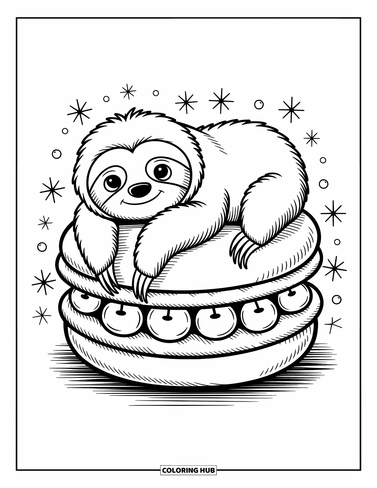 Disegno di un bradipo da colorare per adulti: Un dolce bradipo si rilassa su un macaron gigante decorato con stelle, ciliegie e vortici