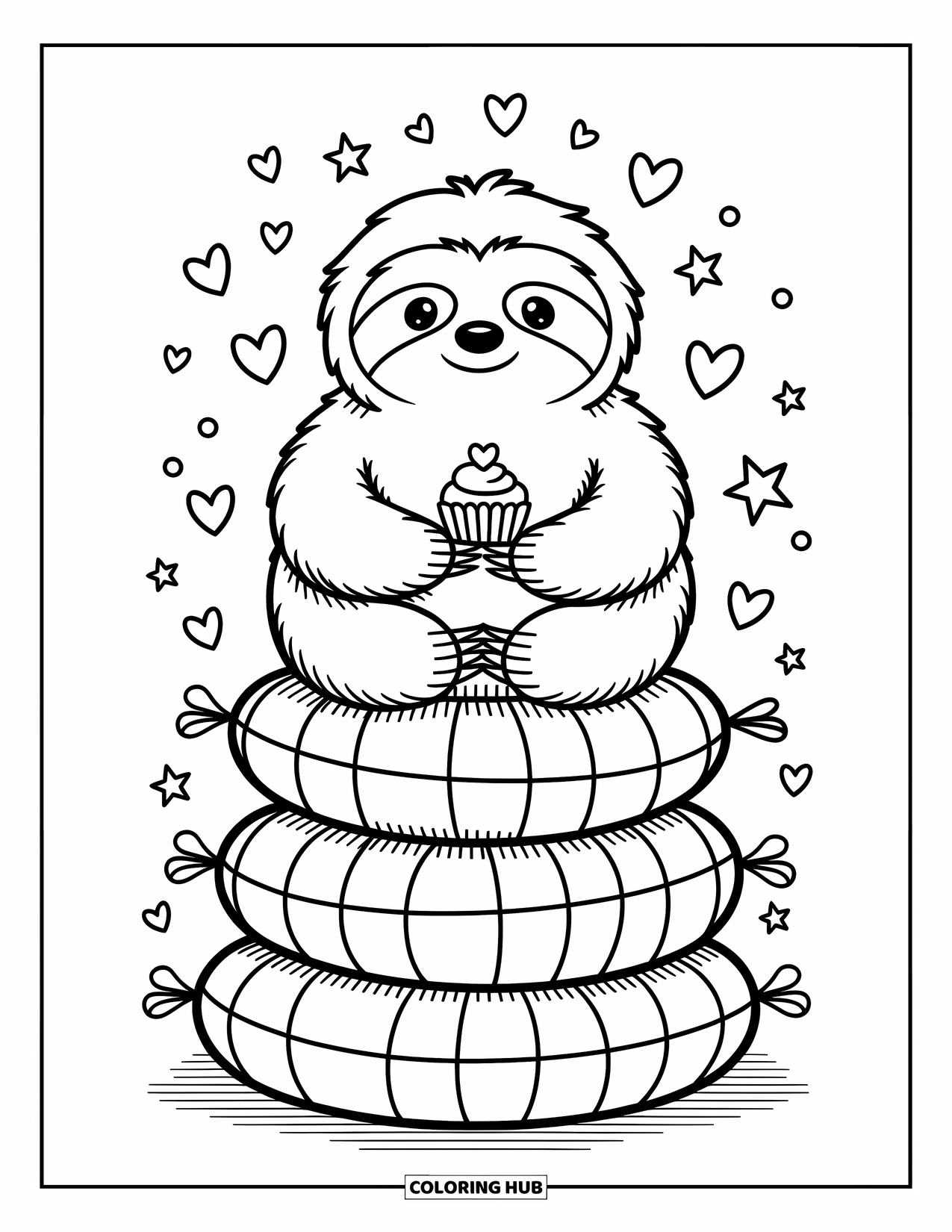 Disegno di un bradipo da colorare per adulti: Un dolce bradipo è seduto su morbidi cuscini, tenendo un cupcake con cuori e vortici giocosi