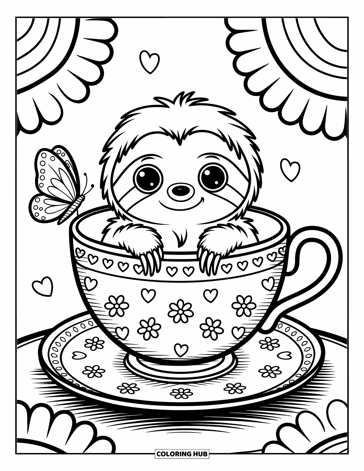 Disegno di un bradipo da colorare per adulti: Un minuscolo bradipo sbircia fuori da una tazza da tè con fiori, cuori e una farfalla giocosa
