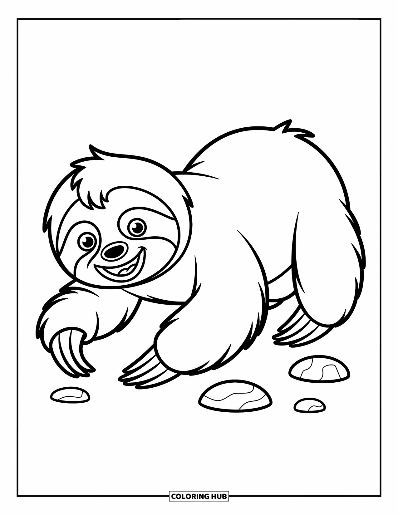 Disegno di un bradipo da colorare per bambini: Un allegro bradipo si muove lentamente con piccole rocce nelle vicinanze