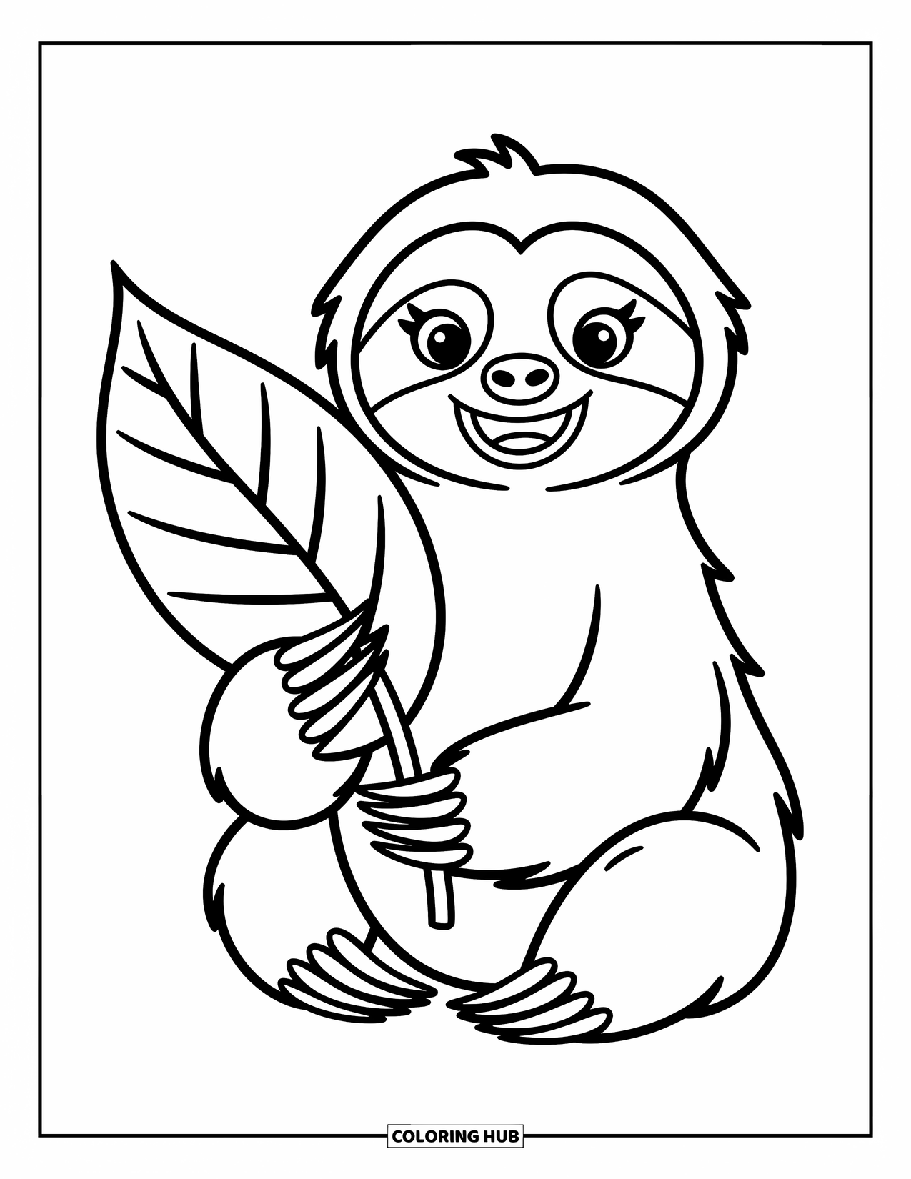 Disegno di un bradipo da colorare per bambini: Un allegro bradipo è seduto e tiene in mano una grande foglia a forma di cuore