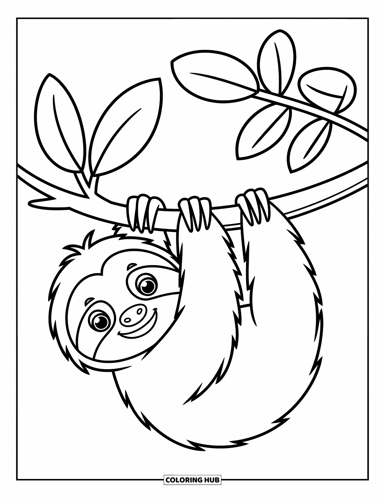 Disegno di un bradipo da colorare per bambini: Un allegro bradipo è seduto con una grande foglia e un'espressione amichevole