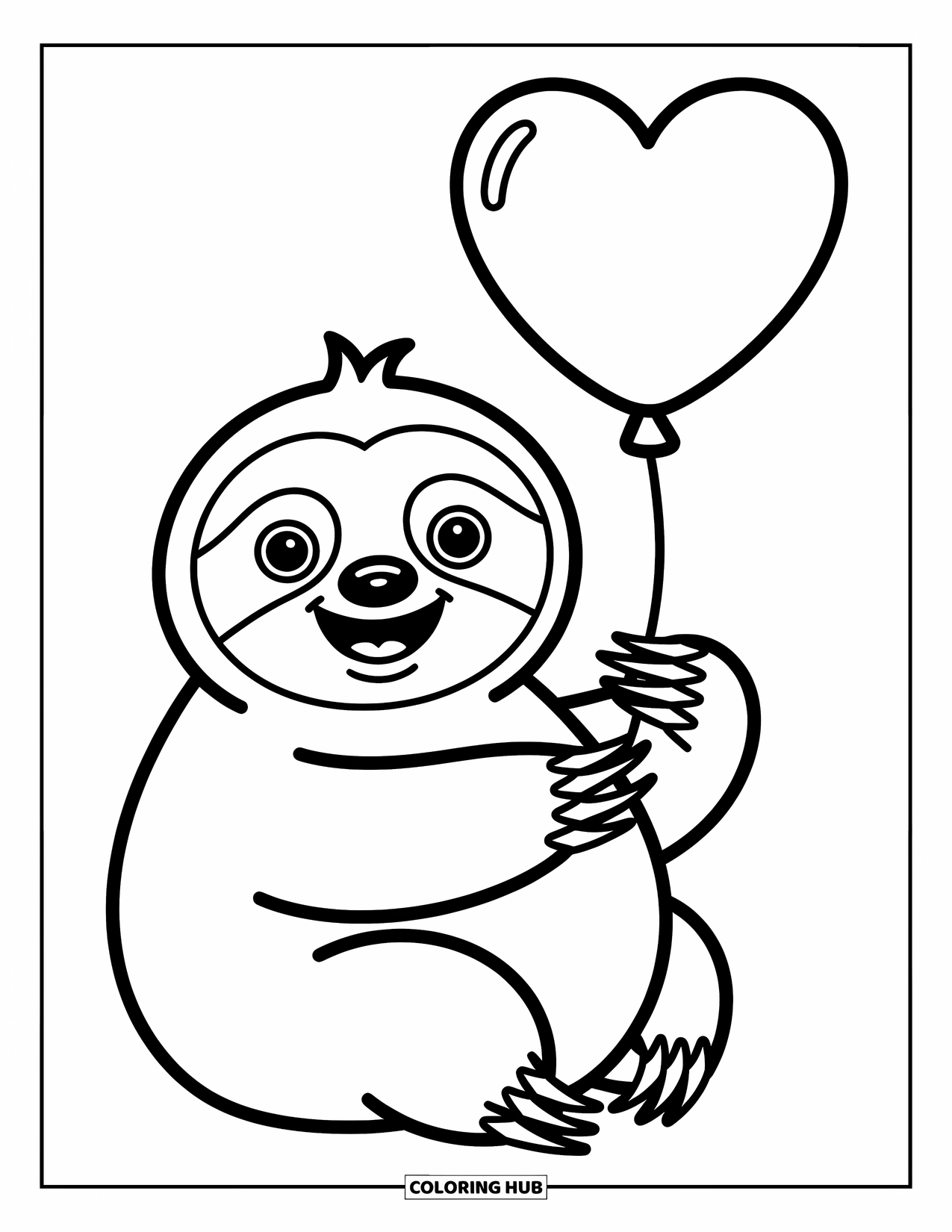 Disegno di un bradipo da colorare per bambini: Un bradipo paffuto tiene un palloncino a forma di cuore con un sorriso gioioso