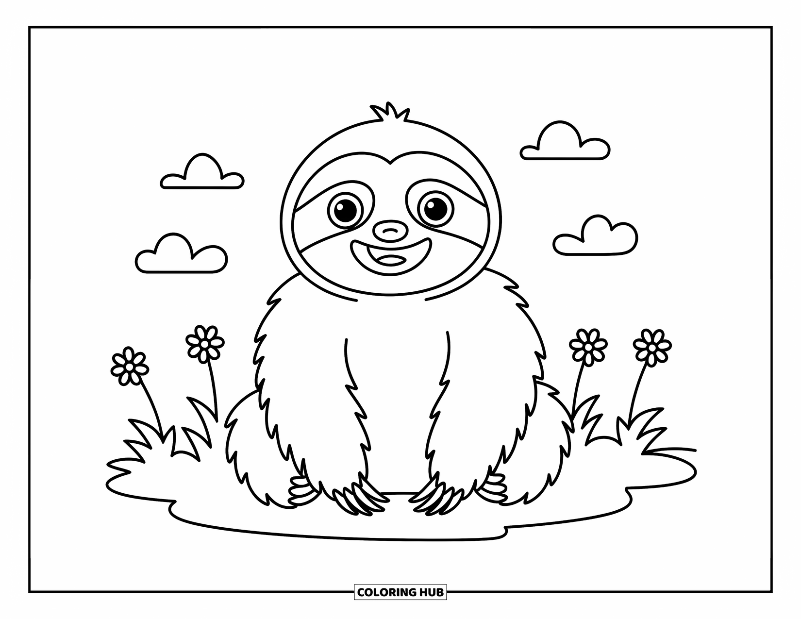 Disegno di un bradipo da colorare per bambini: Un bradipo paffuto è seduto sull'erba con margherite e nuvole soffici