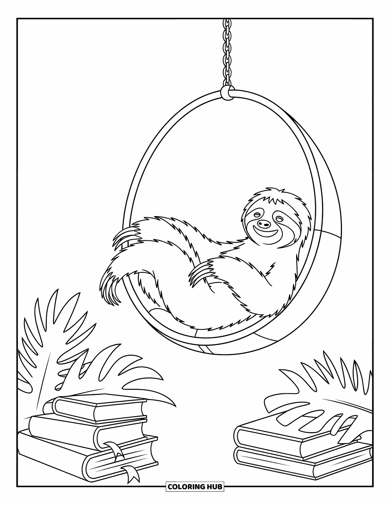 Disegno di un bradipo da colorare per bambini: Un bradipo comodo è disteso su una sedia sospesa, circondato da libri e piante frondose