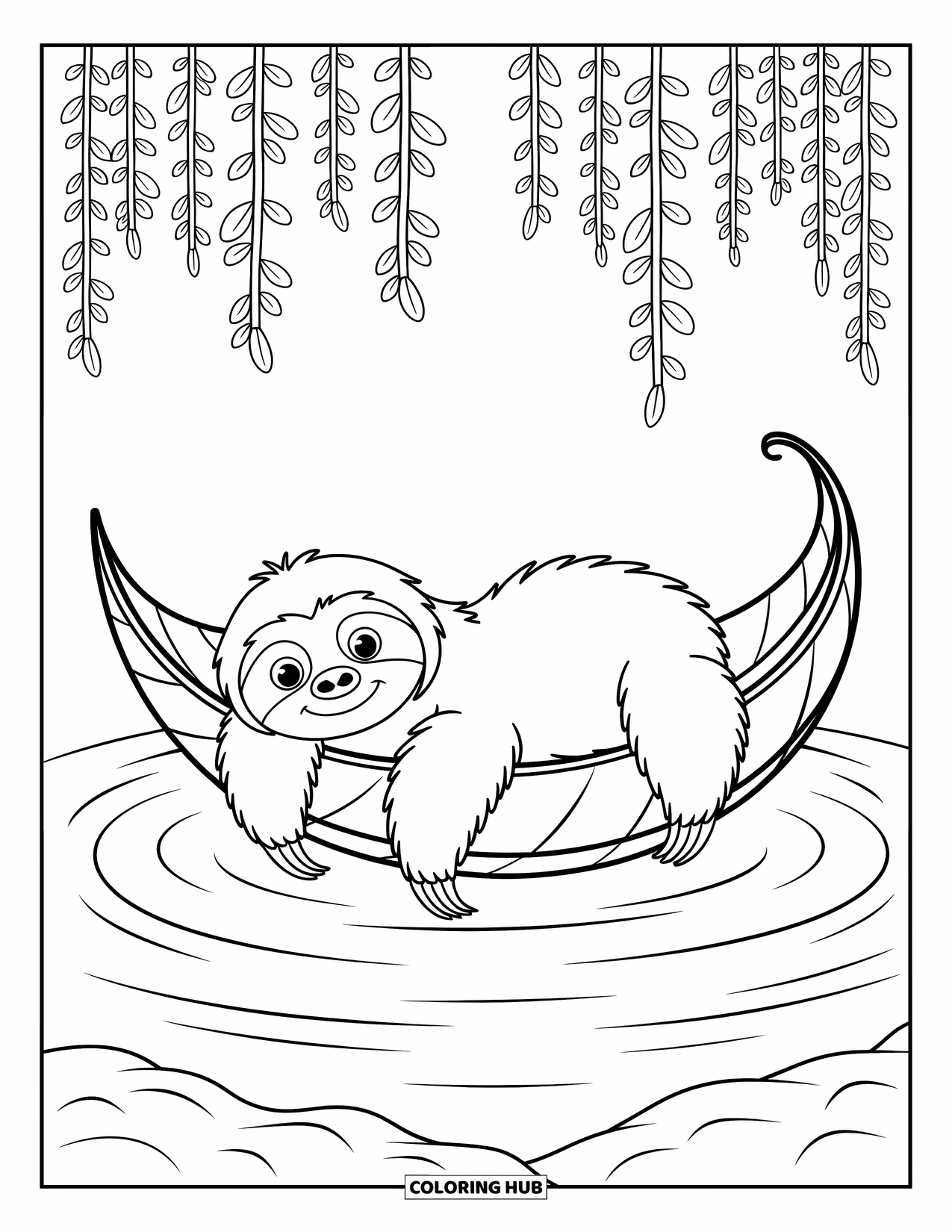 Disegno di un bradipo da colorare per bambini: Un bradipo soddisfatto galleggia su una grande barca di foglie con viti pendenti e delicate increspature intorno