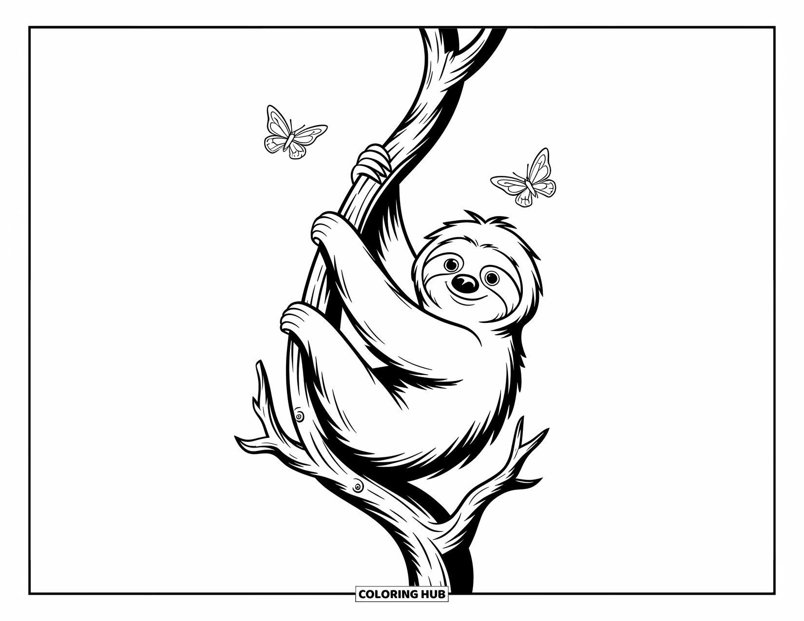 Disegno di un bradipo da colorare per bambini: Un bradipo curioso afferra una vite intrecciata mentre le farfalle svolazzano accanto