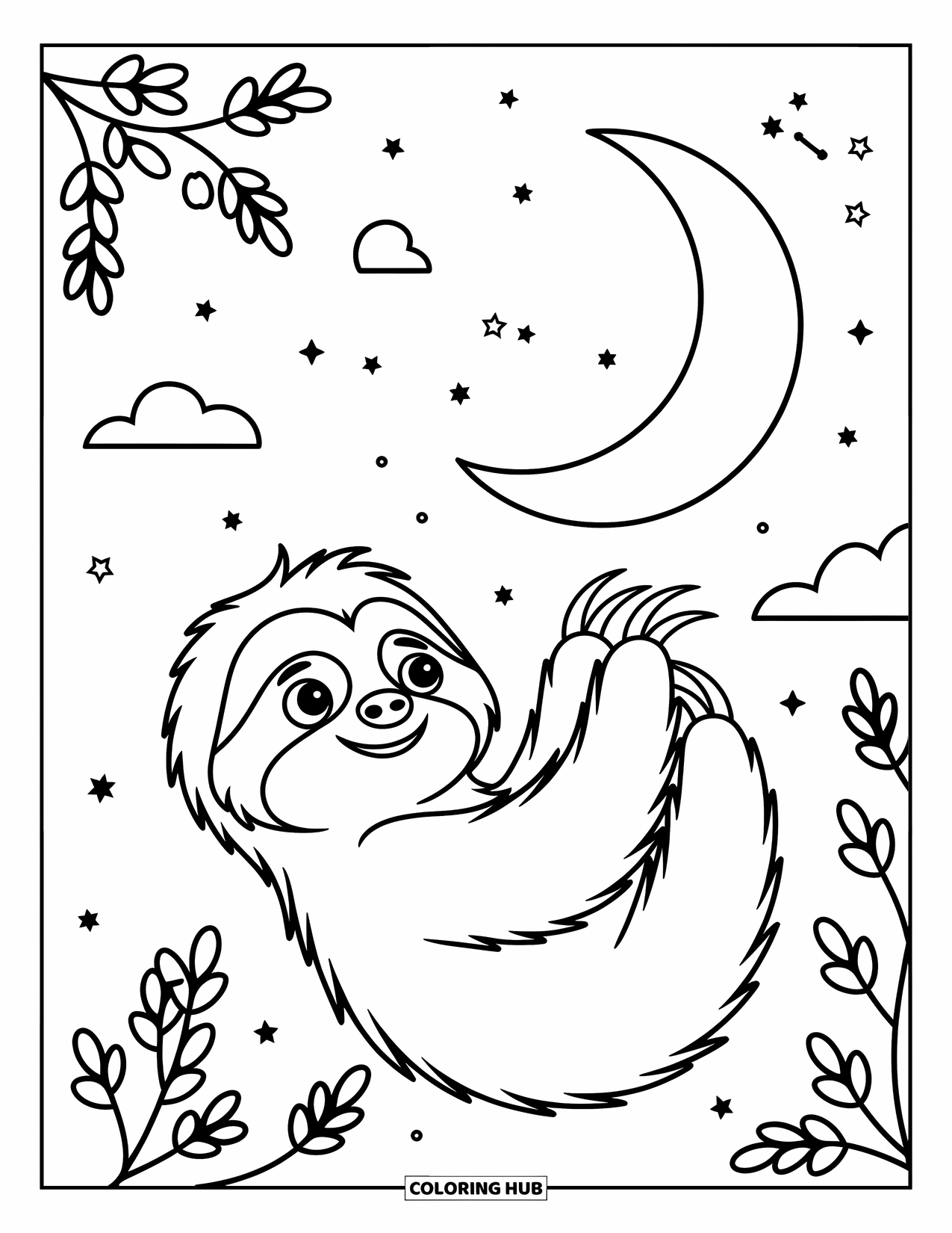 Disegno di un bradipo da colorare per bambini: Un bradipo curioso guarda la luna e le stelle con stravaganti rami di alberi nelle vicinanze