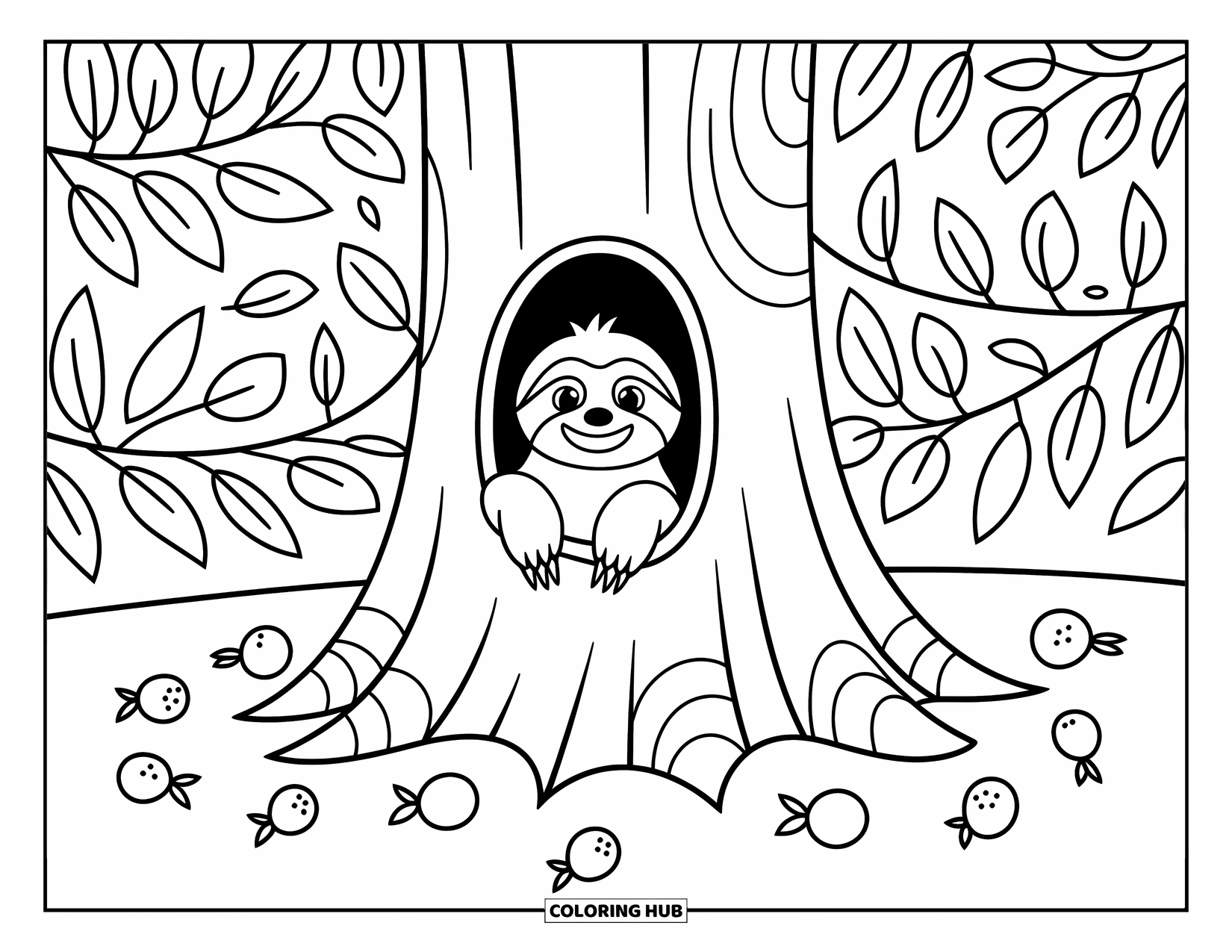 Disegno di un bradipo da colorare per bambini: Un bradipo curioso sbircia da un tronco d'albero cavo con frutti della giungla sul terreno