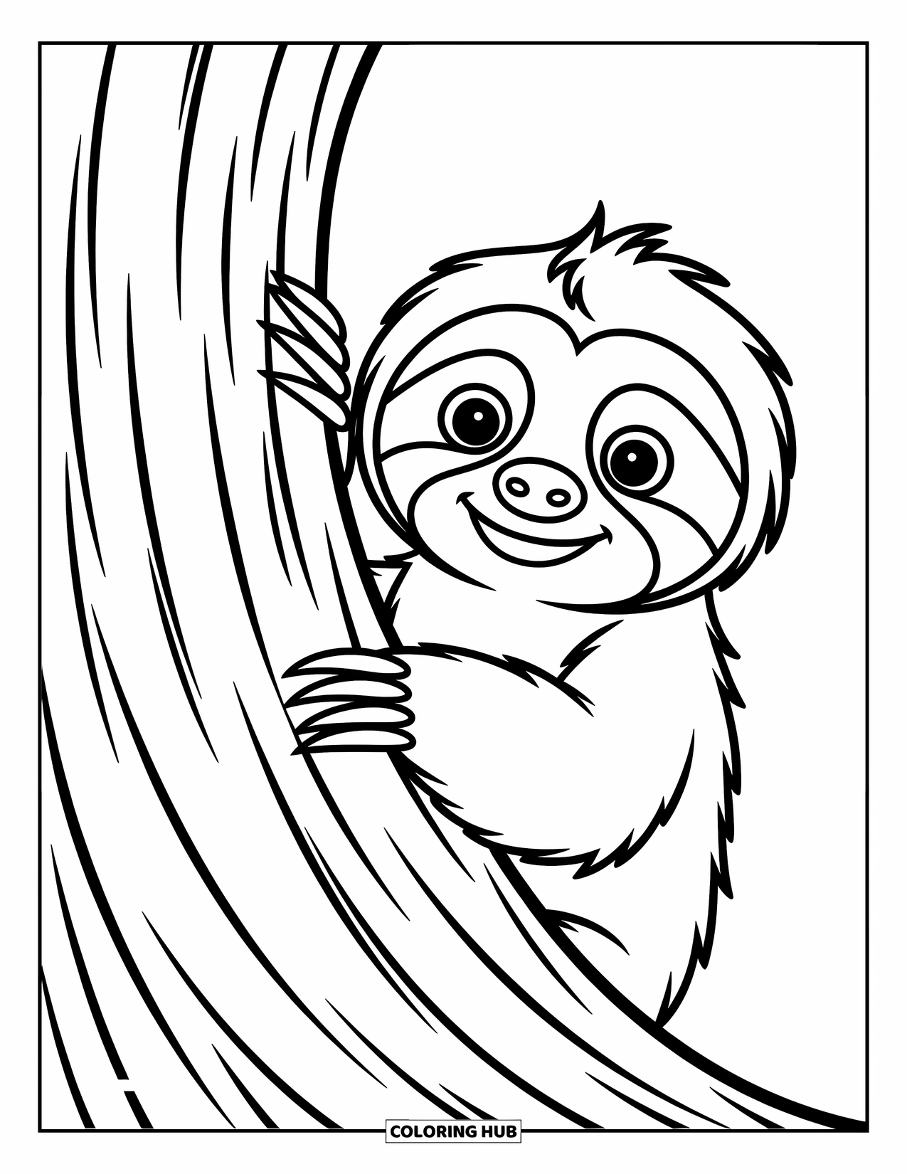 Disegno di un bradipo da colorare per bambini: Un bradipo curioso sbircia da dietro un tronco d'albero con occhi giocosi