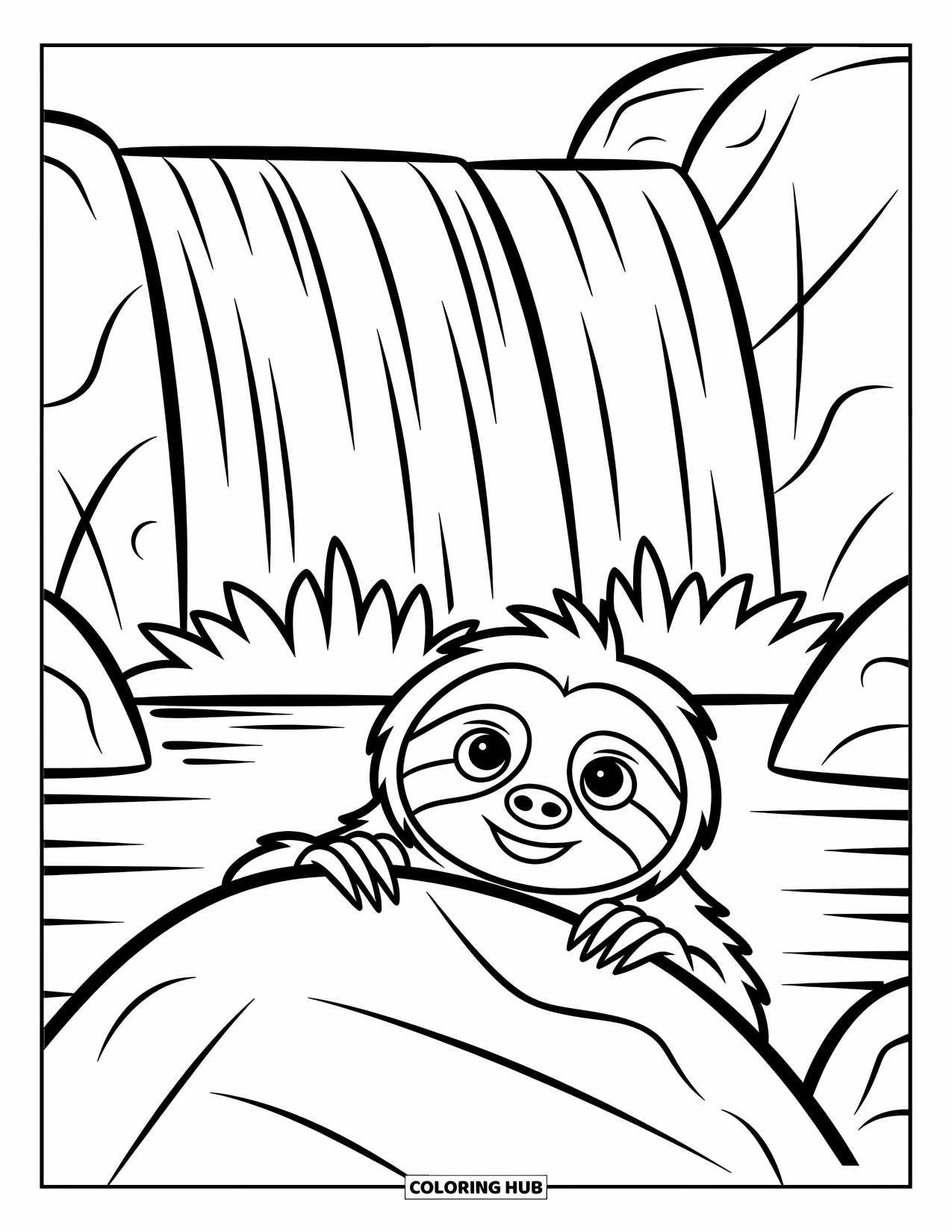 Disegno di un bradipo da colorare per bambini: Un bradipo curioso sbircia sopra grandi rocce con una cascata che scorre sullo sfondo