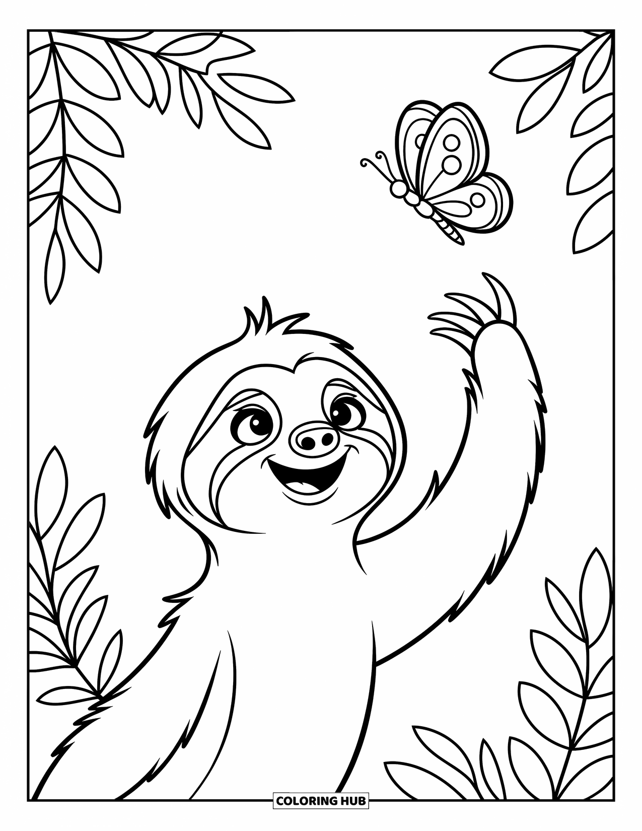 Disegno di un bradipo da colorare per bambini: Un bradipo curioso si allunga verso una farfalla