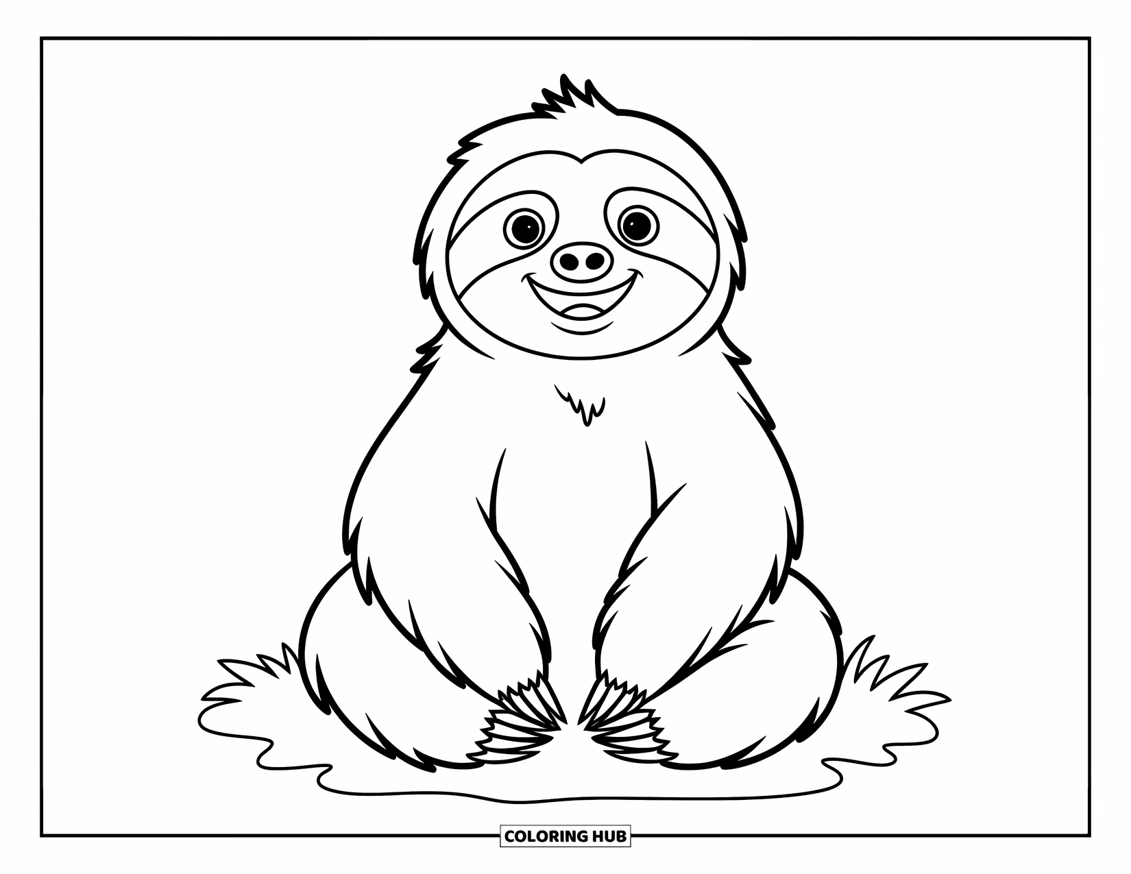 Disegno di un bradipo da colorare per bambini: Un simpatico bradipo è seduto felicemente sull'erba con piccoli fiori nelle vicinanze