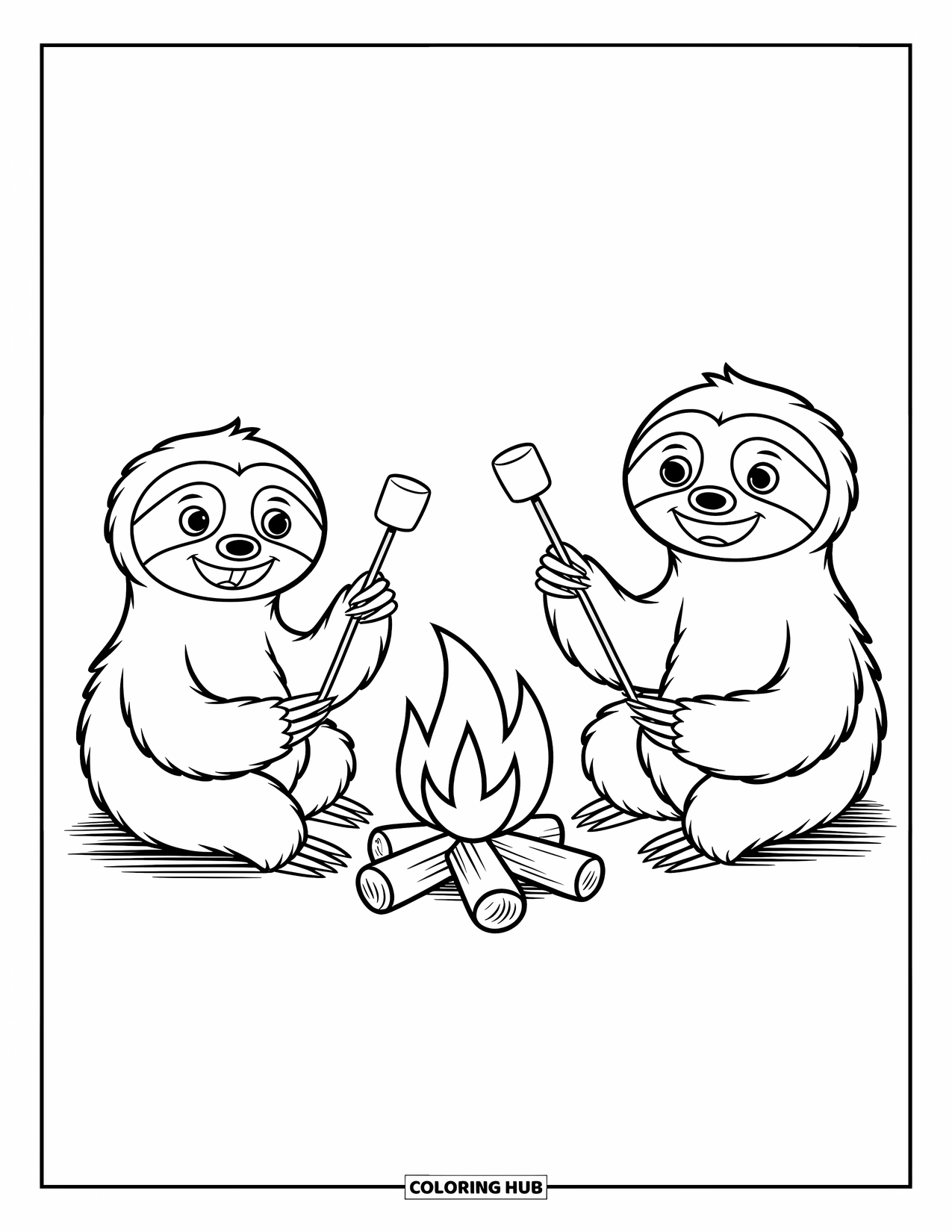 Disegno di un bradipo da colorare per bambini: Una famiglia di bradipi è seduta attorno a un falò, arrostendo marshmallow con espressioni felici