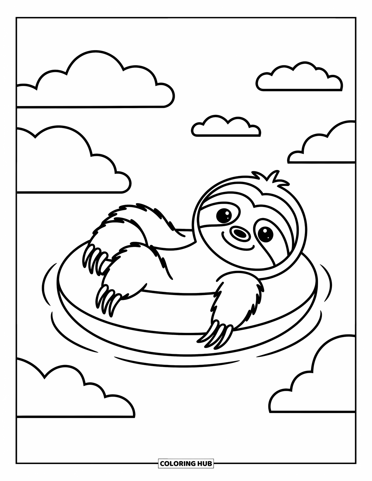 Disegno di un bradipo da colorare per bambini: Un simpatico bradipo galleggia su un anello sotto nuvole fluttuanti, pronto per il divertimento con i colori