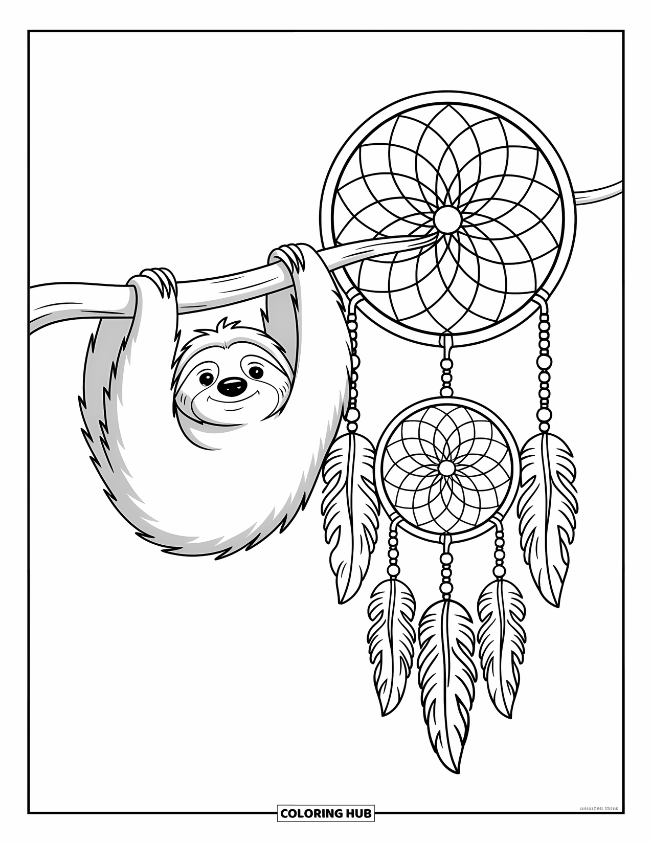 Disegno di un bradipo da colorare per bambini: Un bradipo gentile è appeso a un ramo con un acchiappasogni a motivi intricati sotto