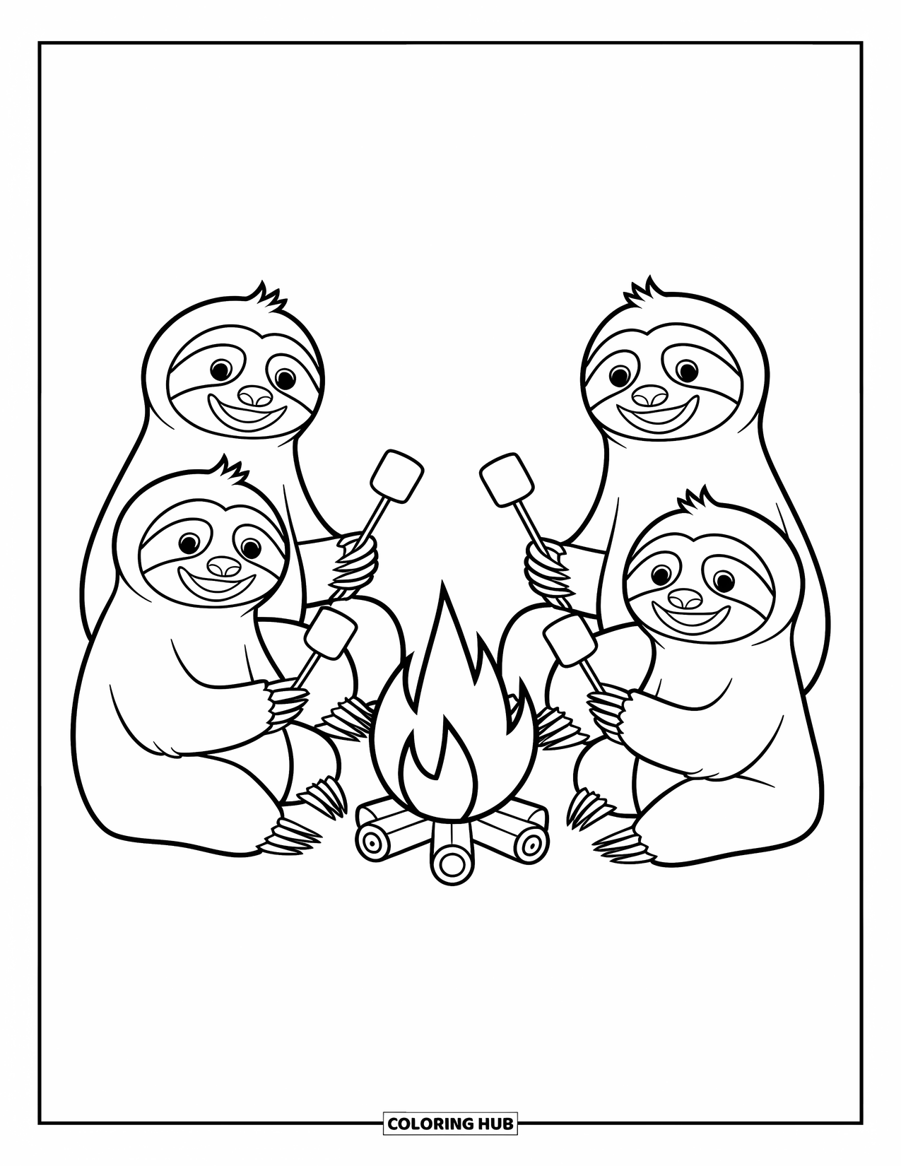 Disegno di un bradipo da colorare per bambini: Un gruppo di bradipi è seduto accanto a un accogliente falò, ognuno dei quali tiene marshmallow con facce gioiose