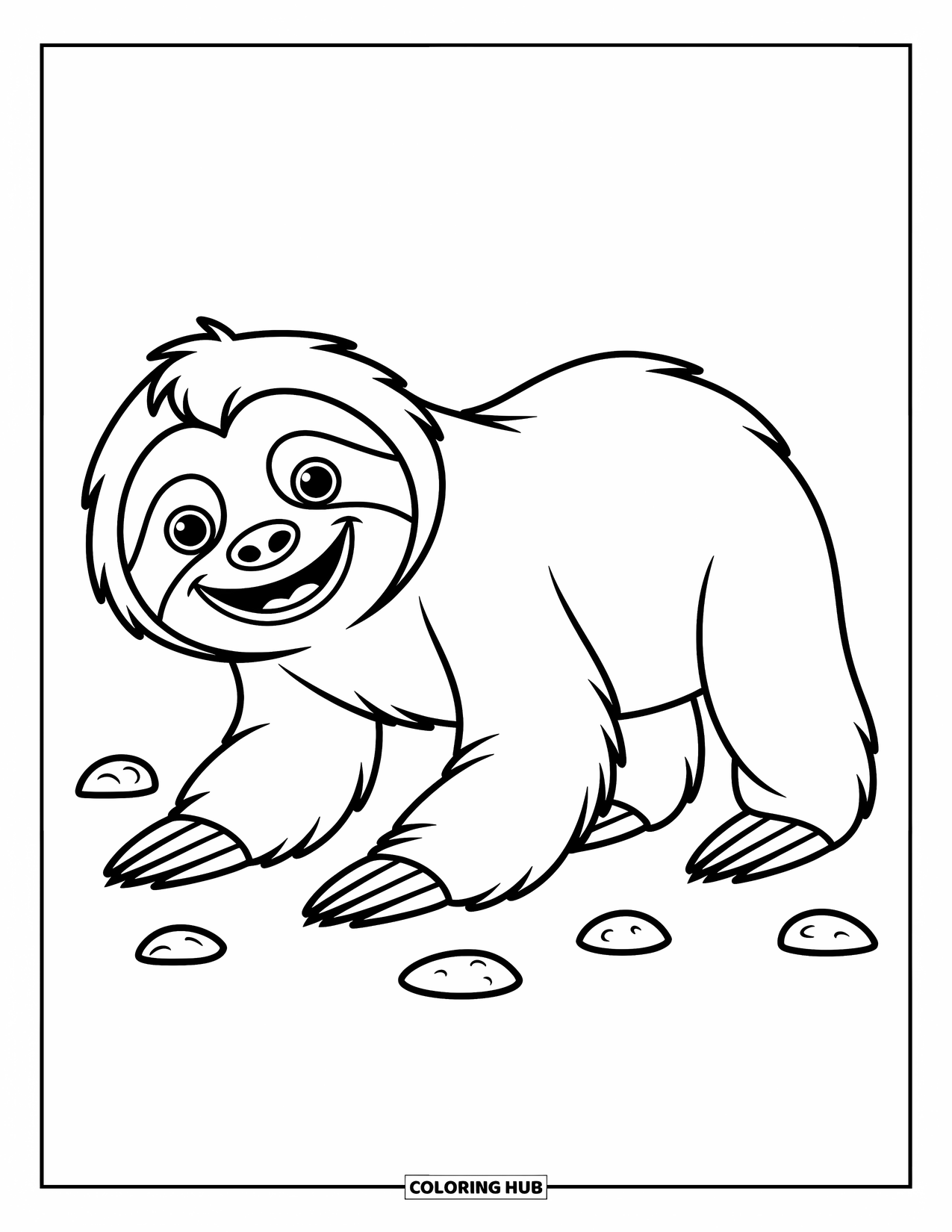 Disegno di un bradipo da colorare per bambini: Un bradipo felice gattona con rocce giocose sparse intorno