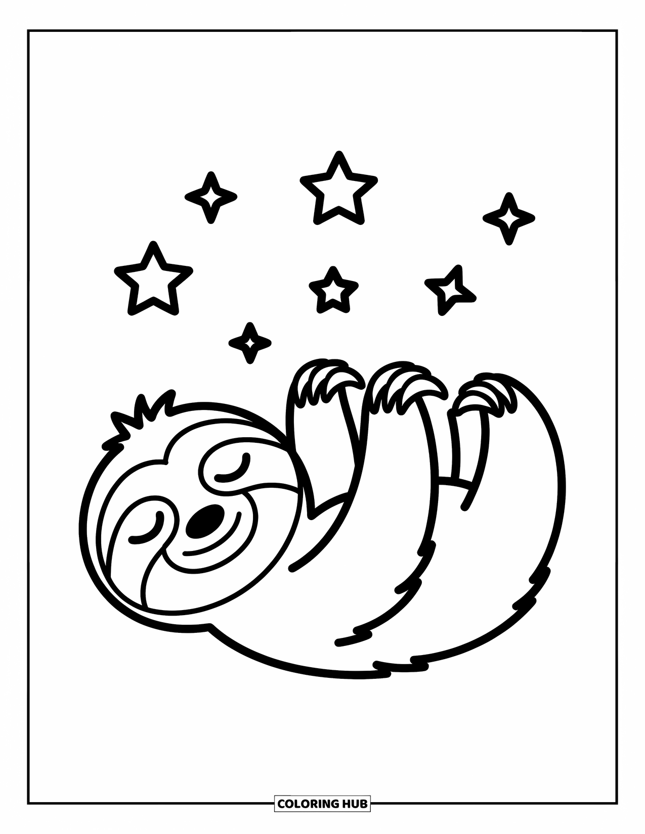 Disegno di un bradipo da colorare per bambini: Un bradipo felice giace sulla schiena con stelle che brillano sopra