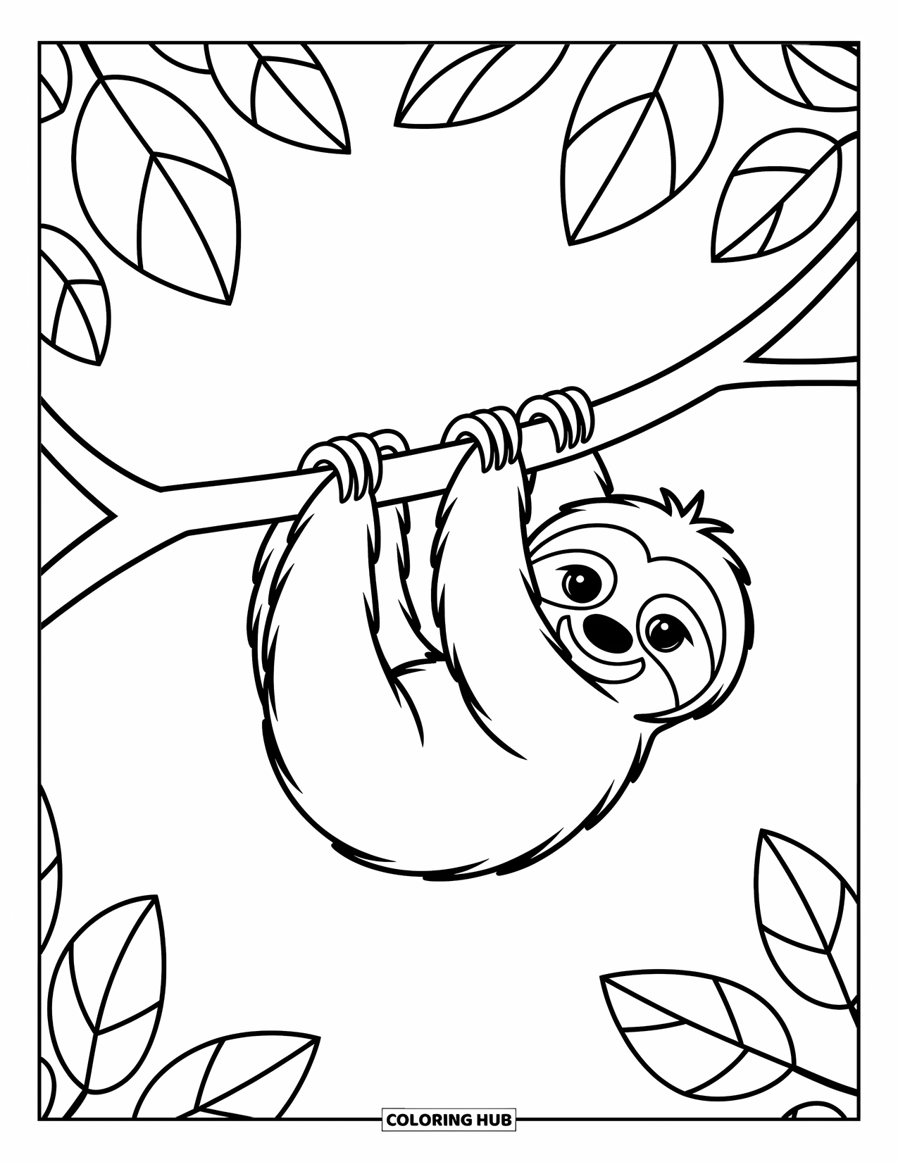 Disegno di un bradipo da colorare per bambini: Un bradipo felice è seduto tenendo una grande foglia con forme giocose intorno