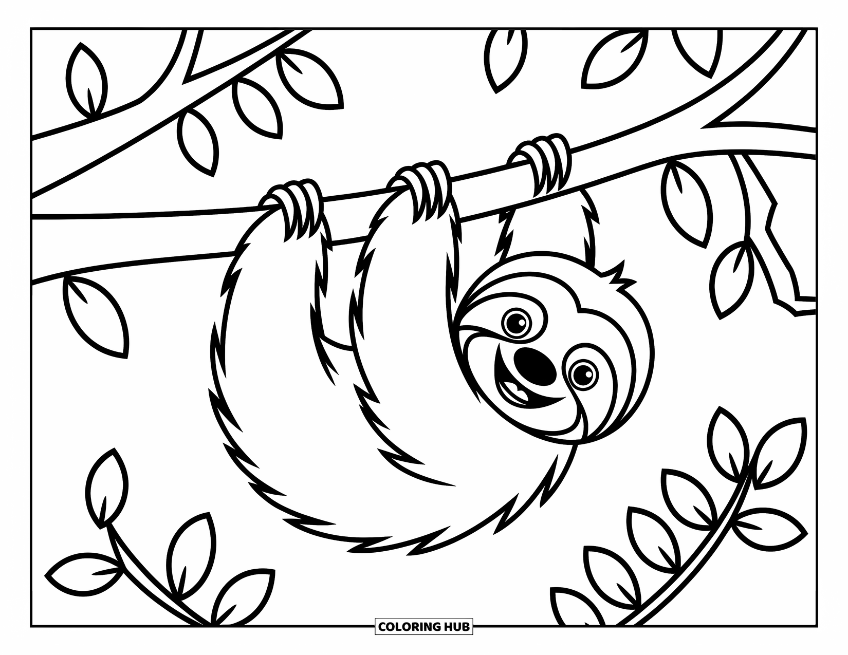 Disegno di un bradipo da colorare per bambini: Un bradipo felice si dondola a testa in giù con foglie intorno