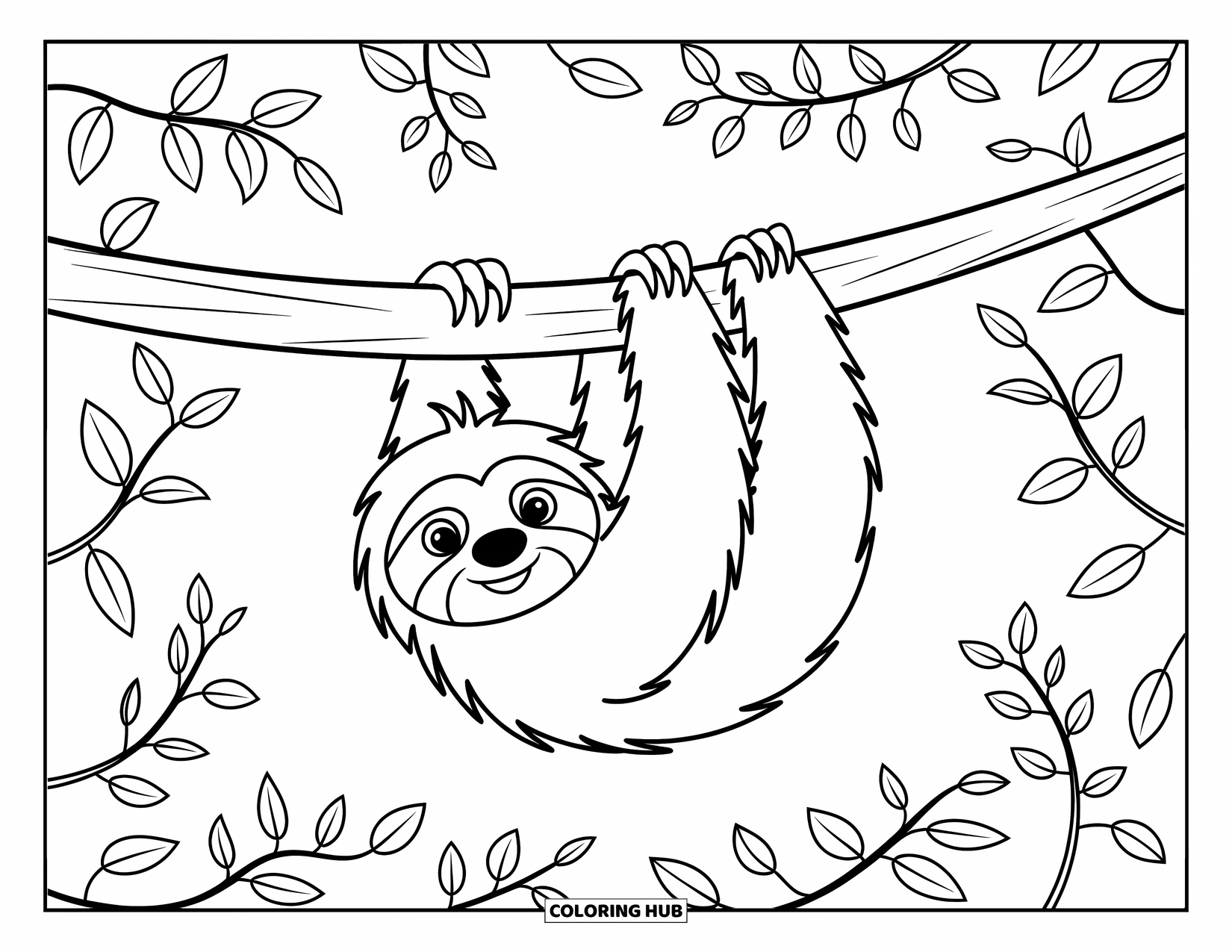 Disegno di un bradipo da colorare per bambini: Un allegro bradipo è appeso a un ramo con foglie arricciate nelle vicinanze