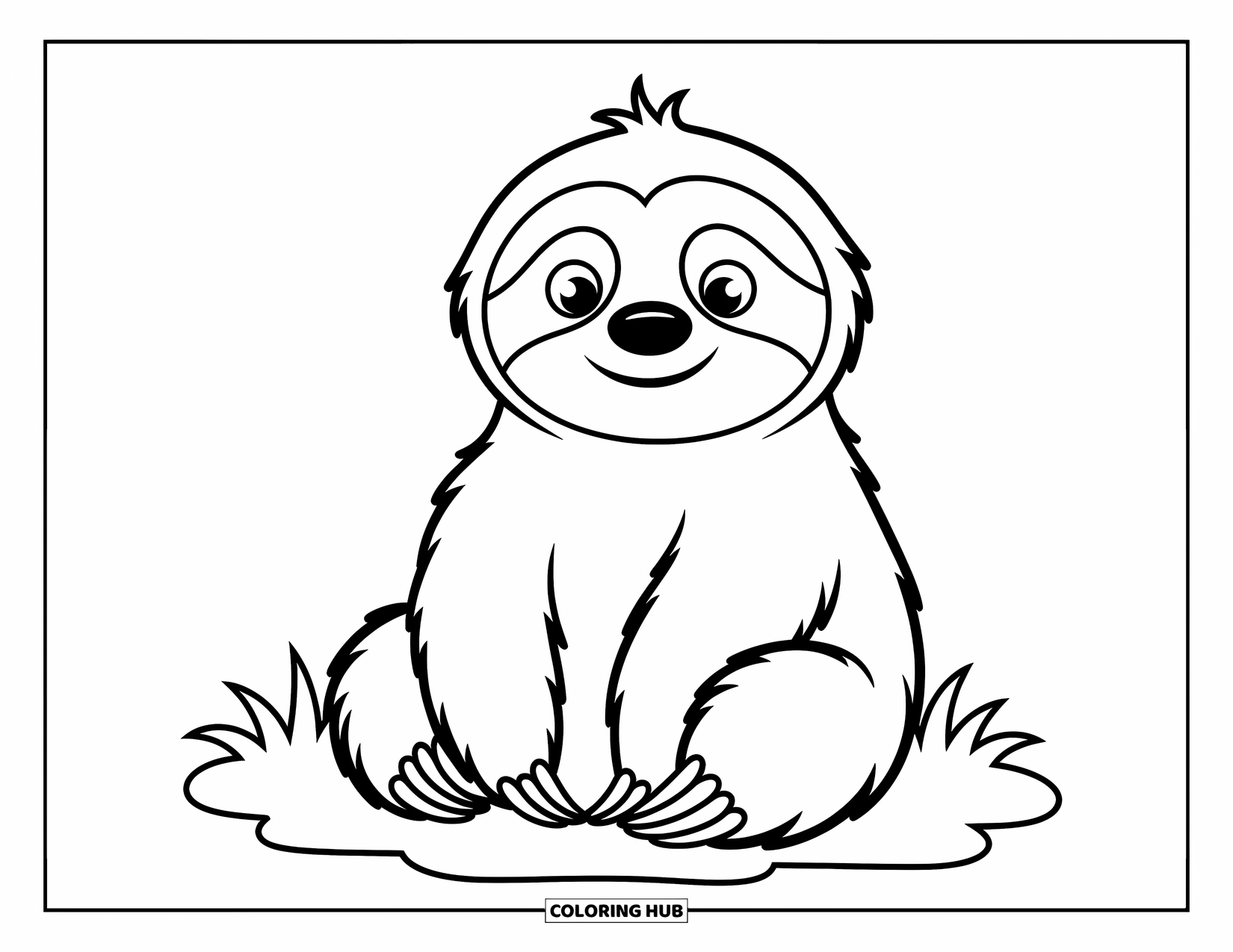 Disegno di un bradipo da colorare per bambini: Un bradipo gioioso riposa sull'erba con grandi occhi e un sorriso