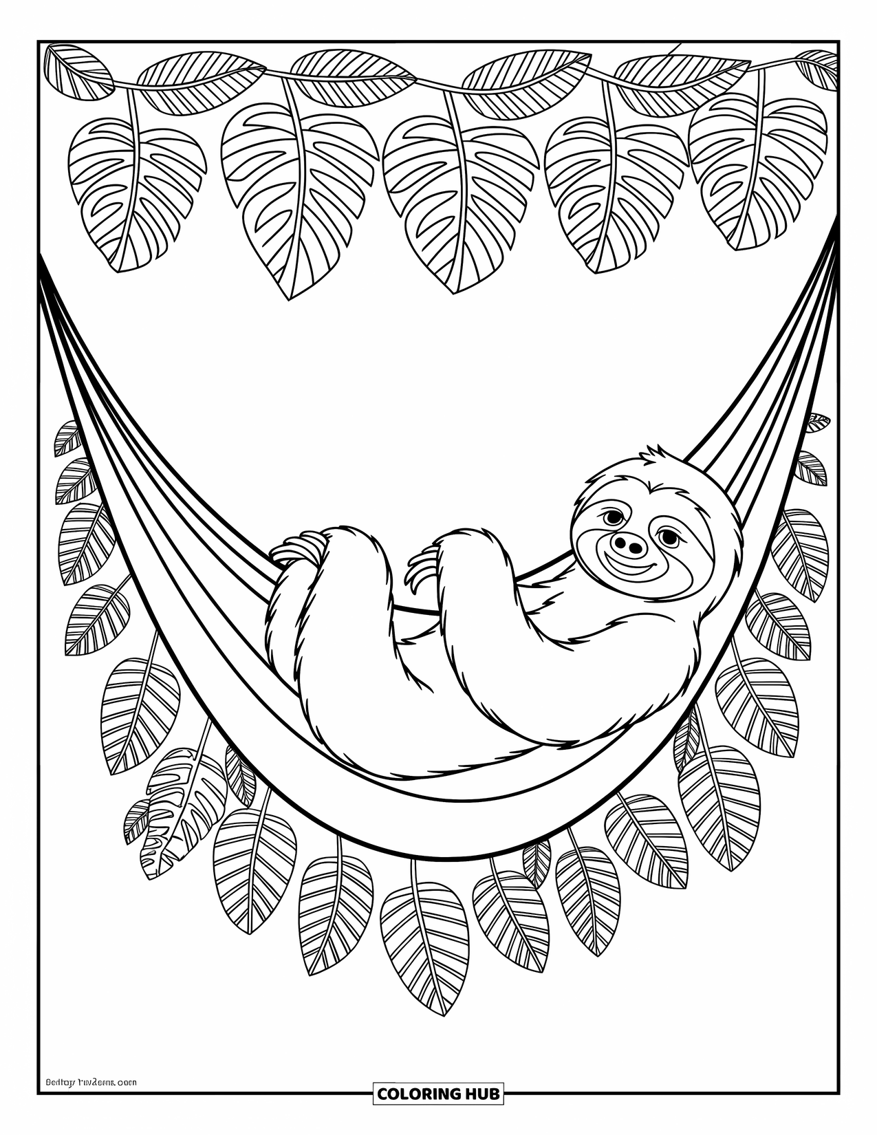 Disegno di un bradipo da colorare per bambini: Un bradipo pigro giace in un'amaca con ghirlande decorative e foglie tropicali fluenti