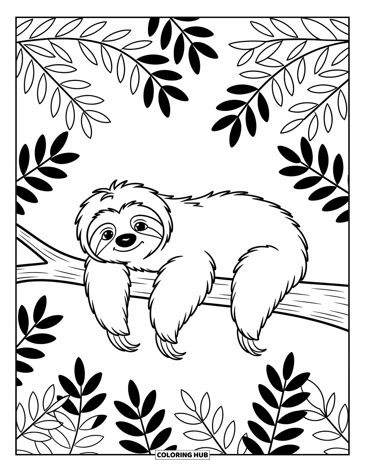 Disegno di un bradipo da colorare per bambini: Un bradipo pacifico giace su un ramo circondato da foglie vorticose e motivi delicati