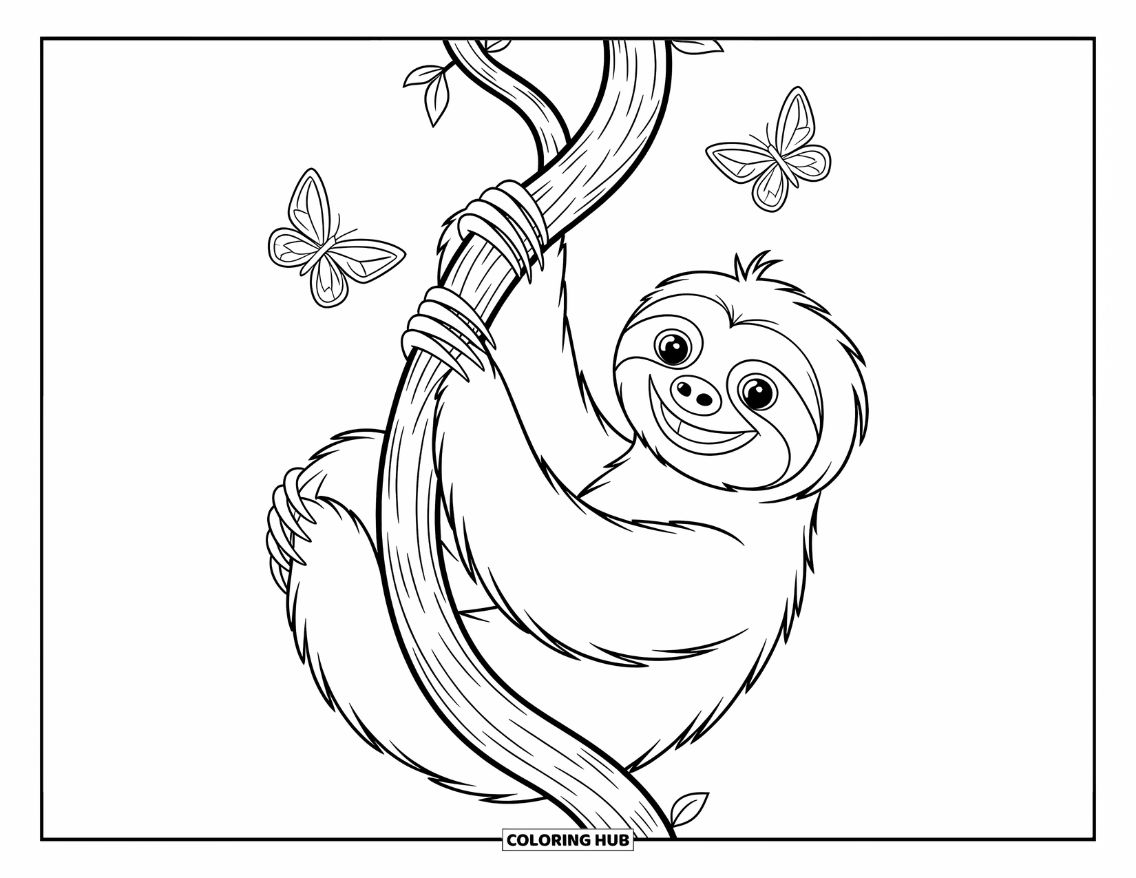 Disegno di un bradipo da colorare per bambini: Un bradipo giocoso si arrampica su una vite mentre due farfalle aggiungono un tocco stravagante