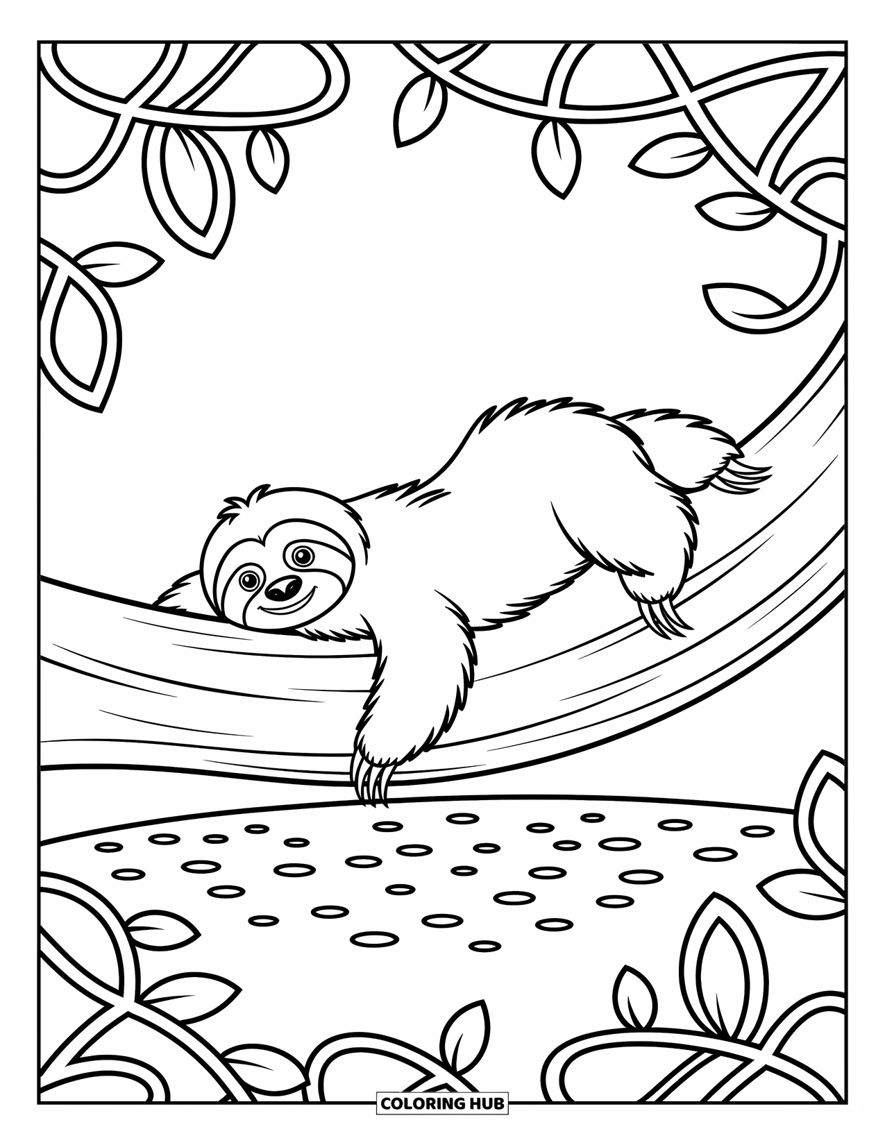 Disegno di un bradipo da colorare per bambini: Un bradipo giocoso scivola lungo il tronco di un albero circondato da viti e ciottoli vorticosi