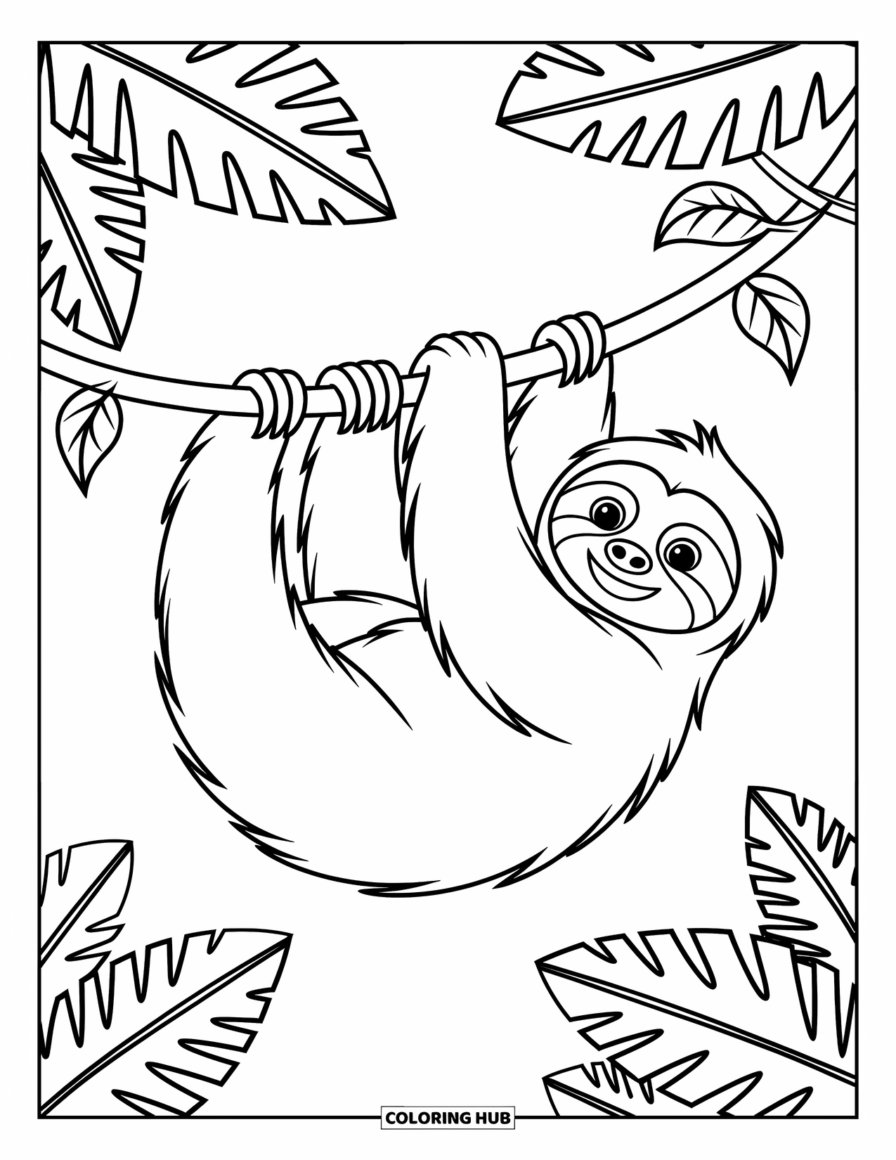 Disegno di un bradipo da colorare per bambini: Un bradipo giocoso è appeso a una vite con audaci foglie tropicali sullo sfondo