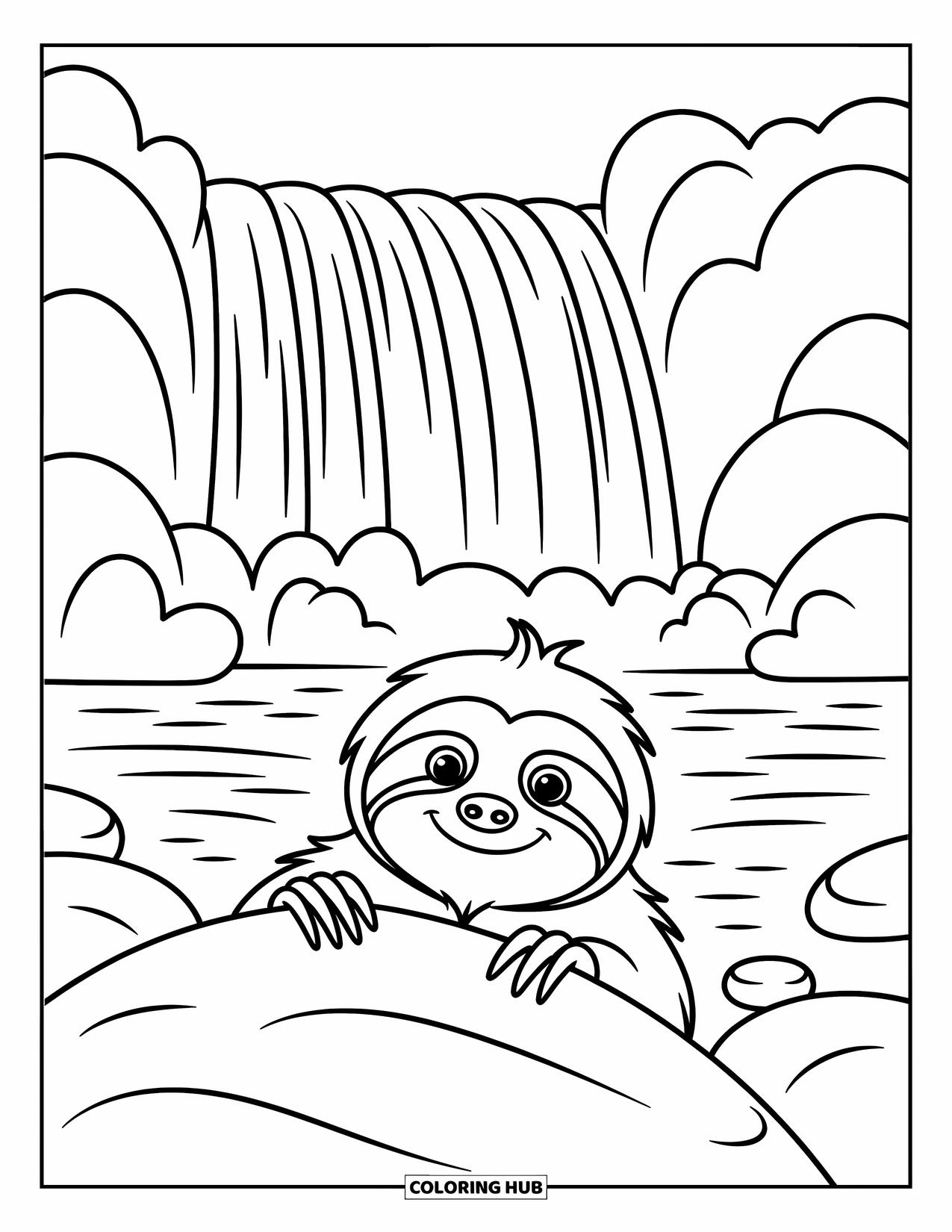 Disegno di un bradipo da colorare per bambini: Un bradipo giocoso guarda sopra le rocce con l'acqua che scorre aggiungendo movimento dietro di esso