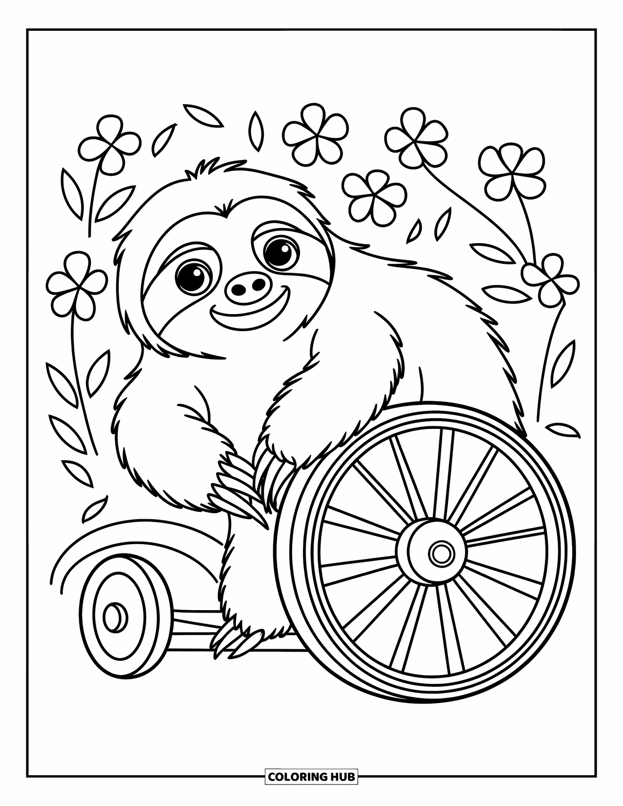 Disegno di un bradipo da colorare per bambini: Un bradipo giocoso spinge una grande ruota modellata circondata da semplici foglie e fiori