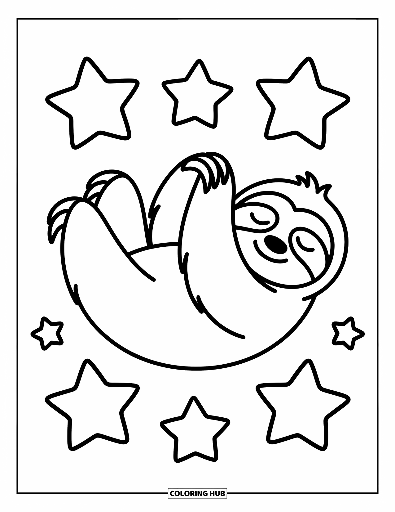 Disegno di un bradipo da colorare per bambini: Un bradipo giocoso riposa sulla schiena con semplici stelle intorno