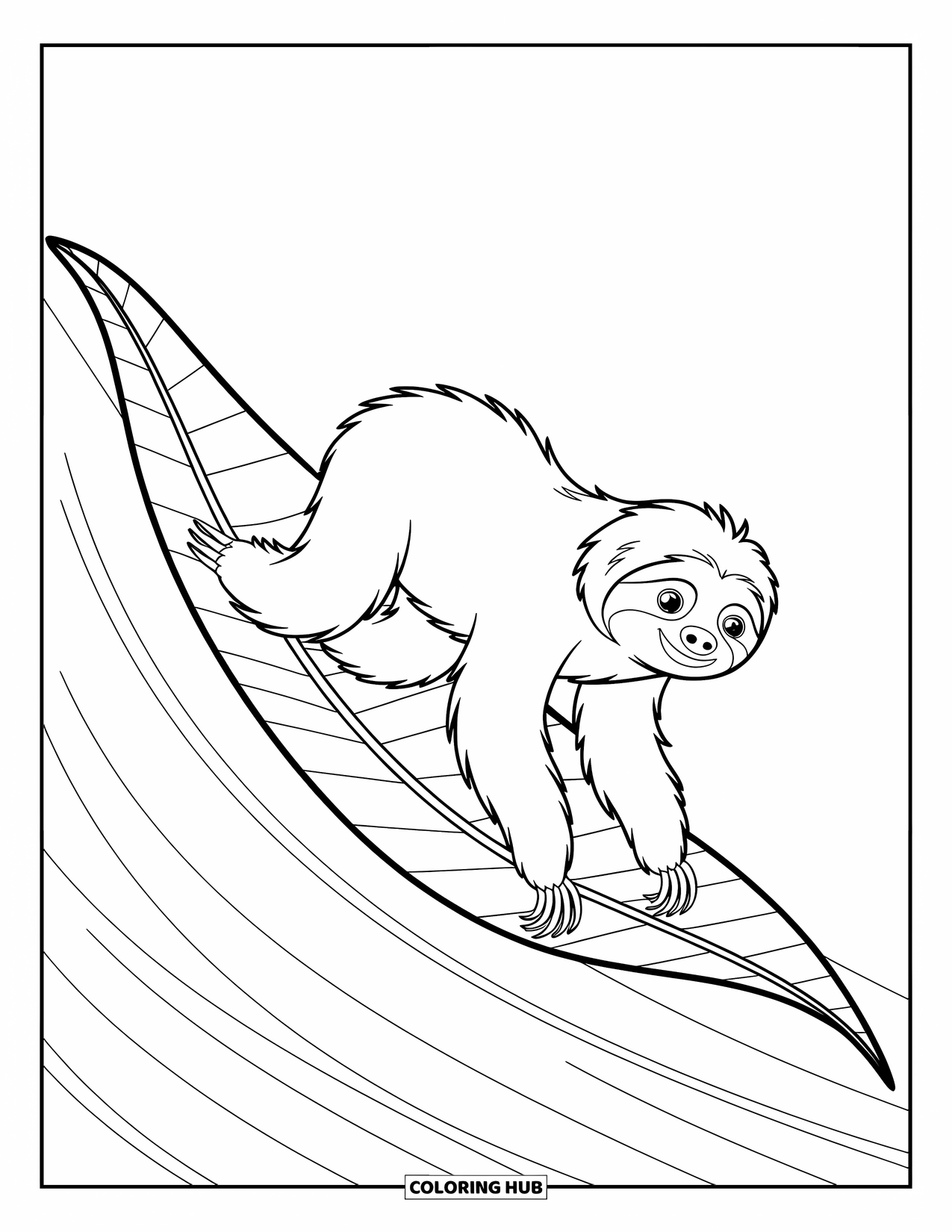 Disegno di un bradipo da colorare per bambini: Un bradipo giocoso cavalca una grande foglia giù per un pendio con motivi dinamici intorno