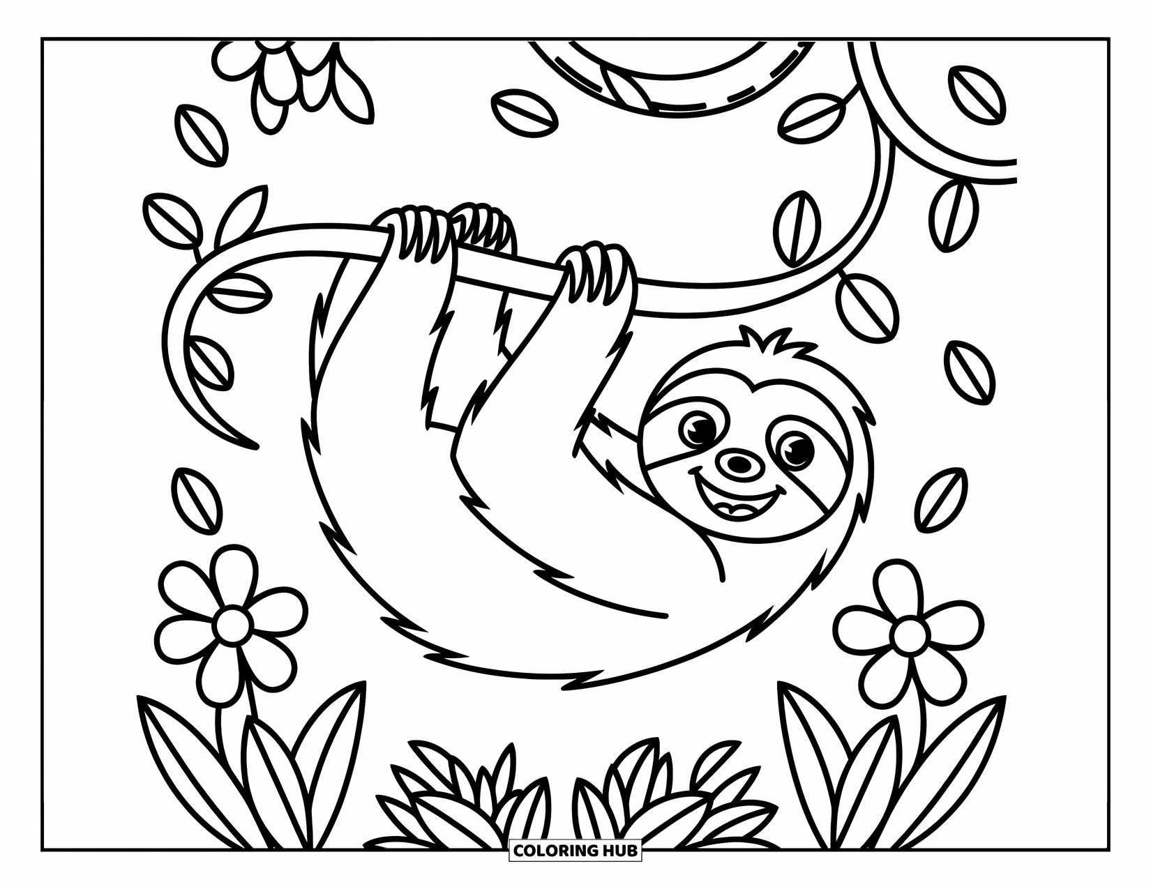 Disegno di un bradipo da colorare per bambini: Un bradipo giocoso si allunga su una vite arricciata con fiori tropicali intorno