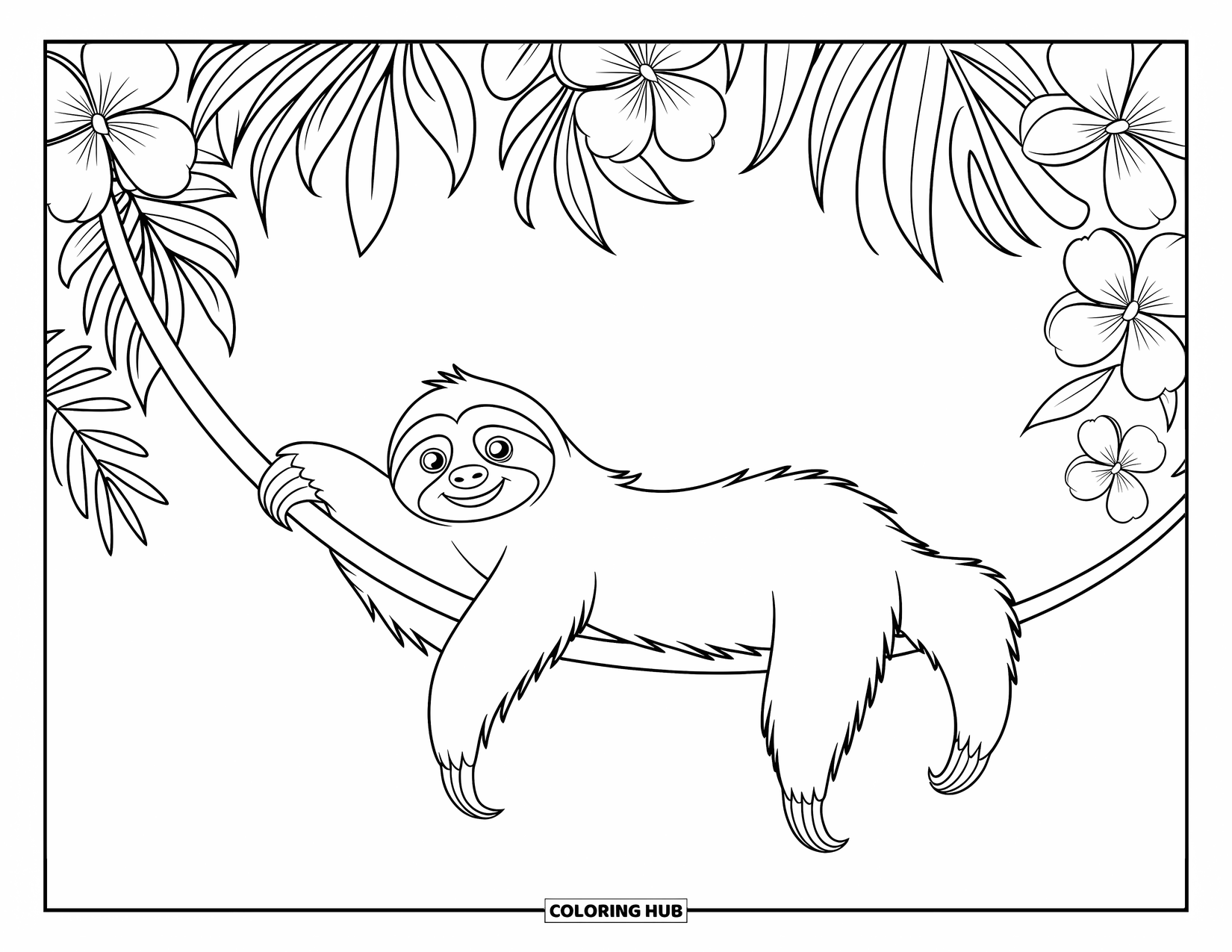 Disegno di un bradipo da colorare per bambini: Un bradipo giocoso si allunga su una vite arricciata con fiori tropicali intorno