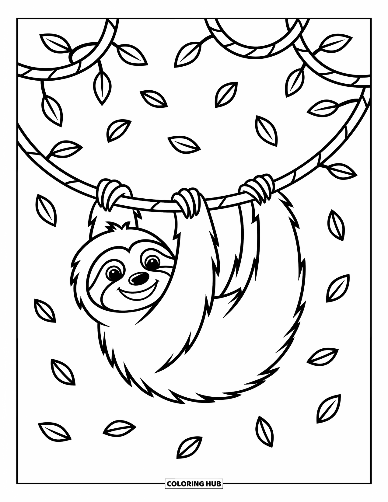 Disegno di un bradipo da colorare per bambini: Un bradipo giocherellone si dondola da viti intrecciate con foglie sparse sotto