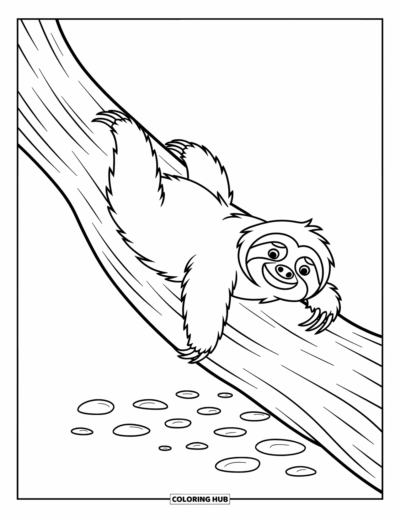 Disegno di un bradipo da colorare per bambini: Un bradipo rilassato scivola lungo il tronco di un albero con foglie giocose e piccoli ciottoli sotto