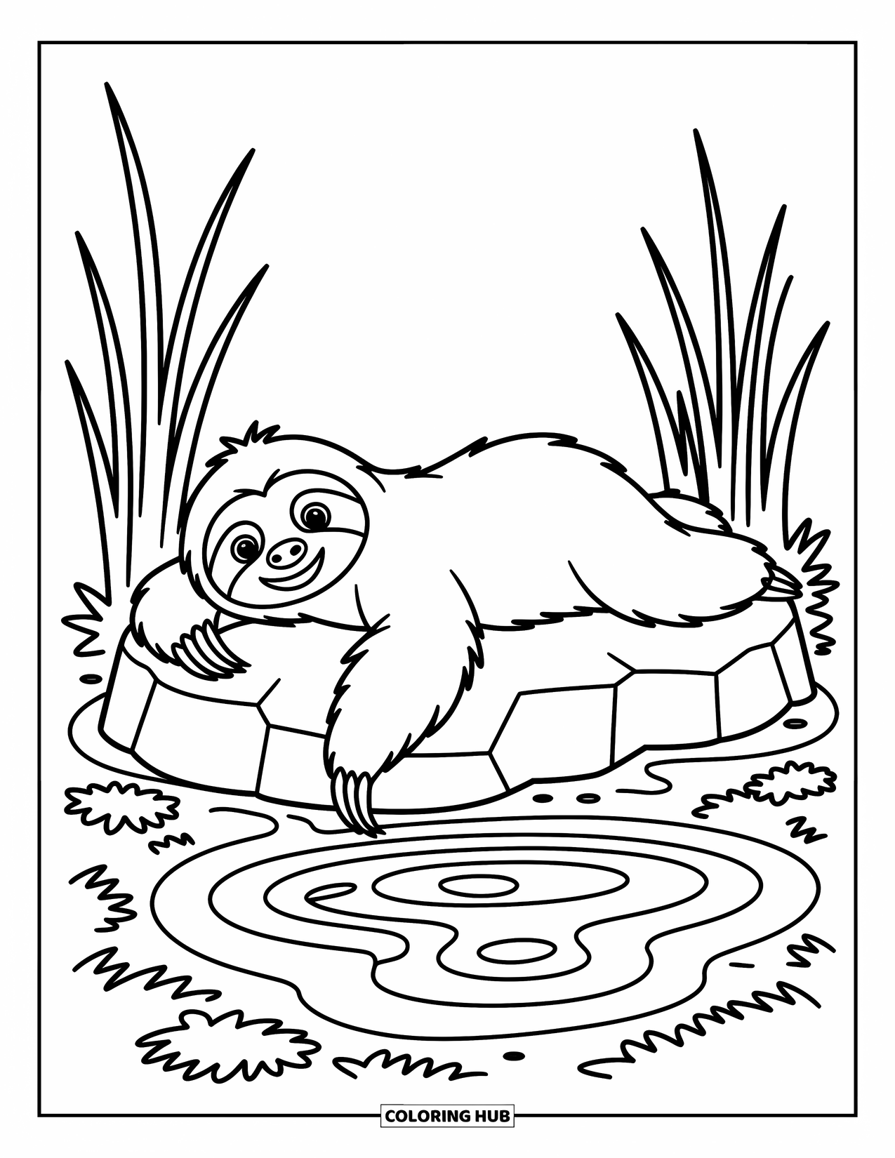 Disegno di un bradipo da colorare per bambini: Un bradipo rilassato è sdraiato su una roccia vicino a uno stagno, circondato da canne e motivi delicati