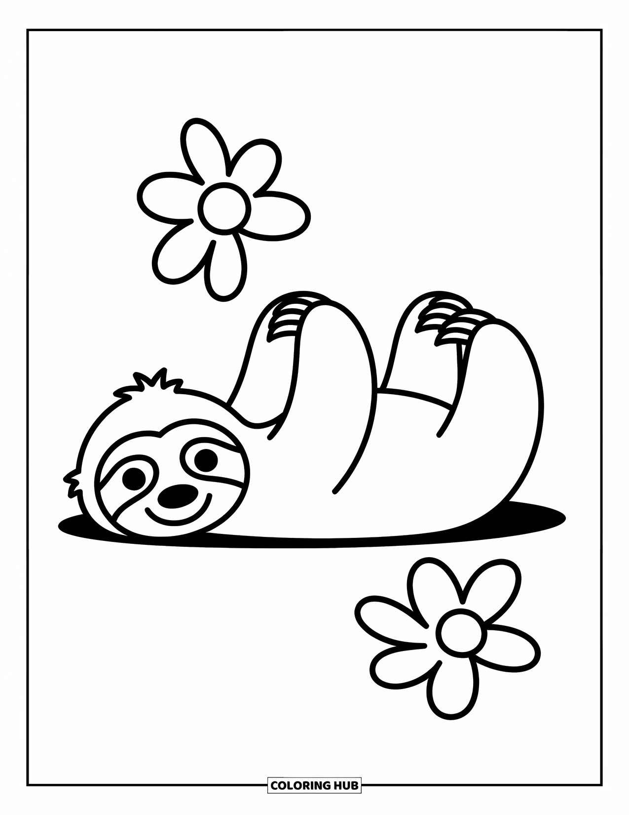 Disegno di un bradipo da colorare per bambini: Un bradipo rilassato riposa su un fianco accanto a un fiore