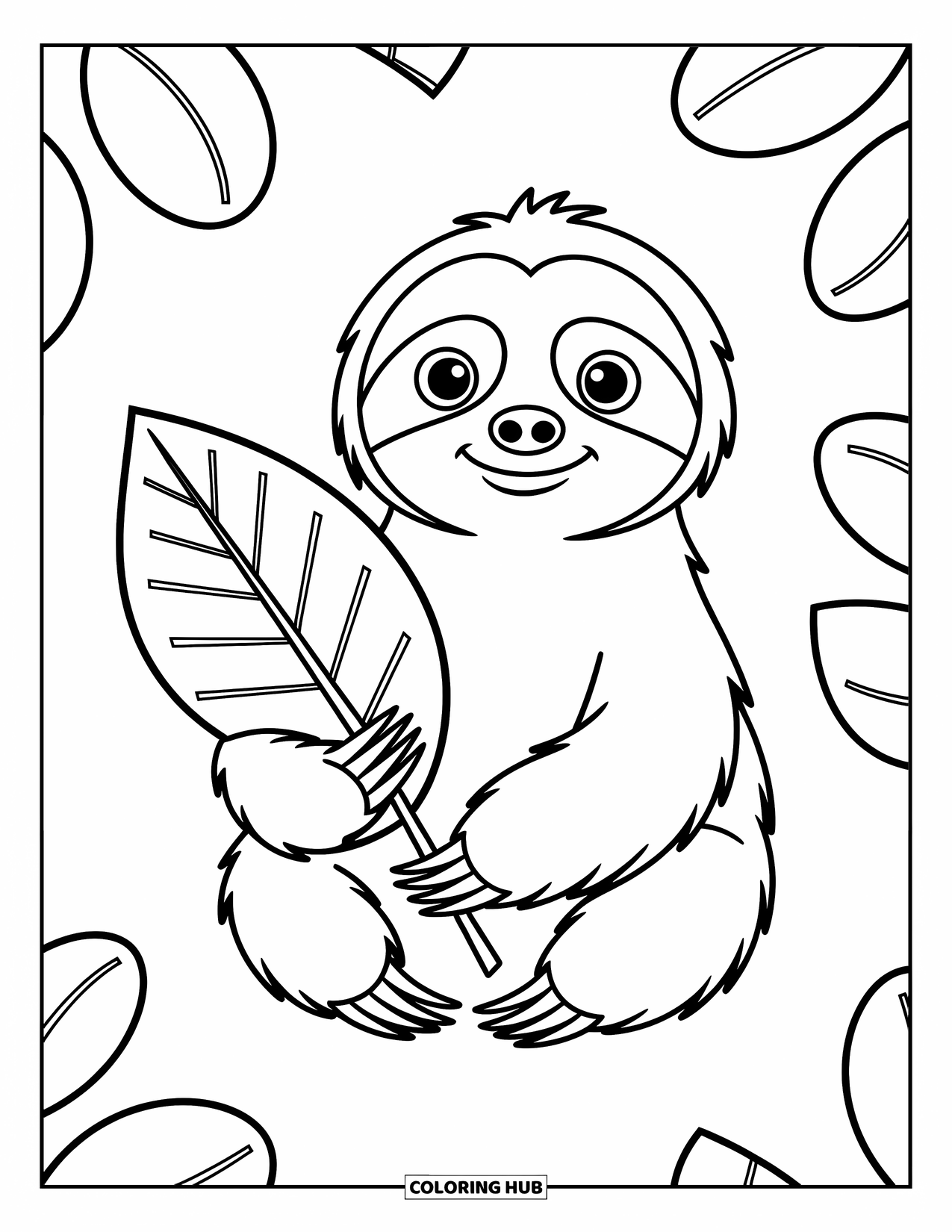 Disegno di un bradipo da colorare per bambini: Un bradipo seduto tiene una grande foglia con un sorriso gentile