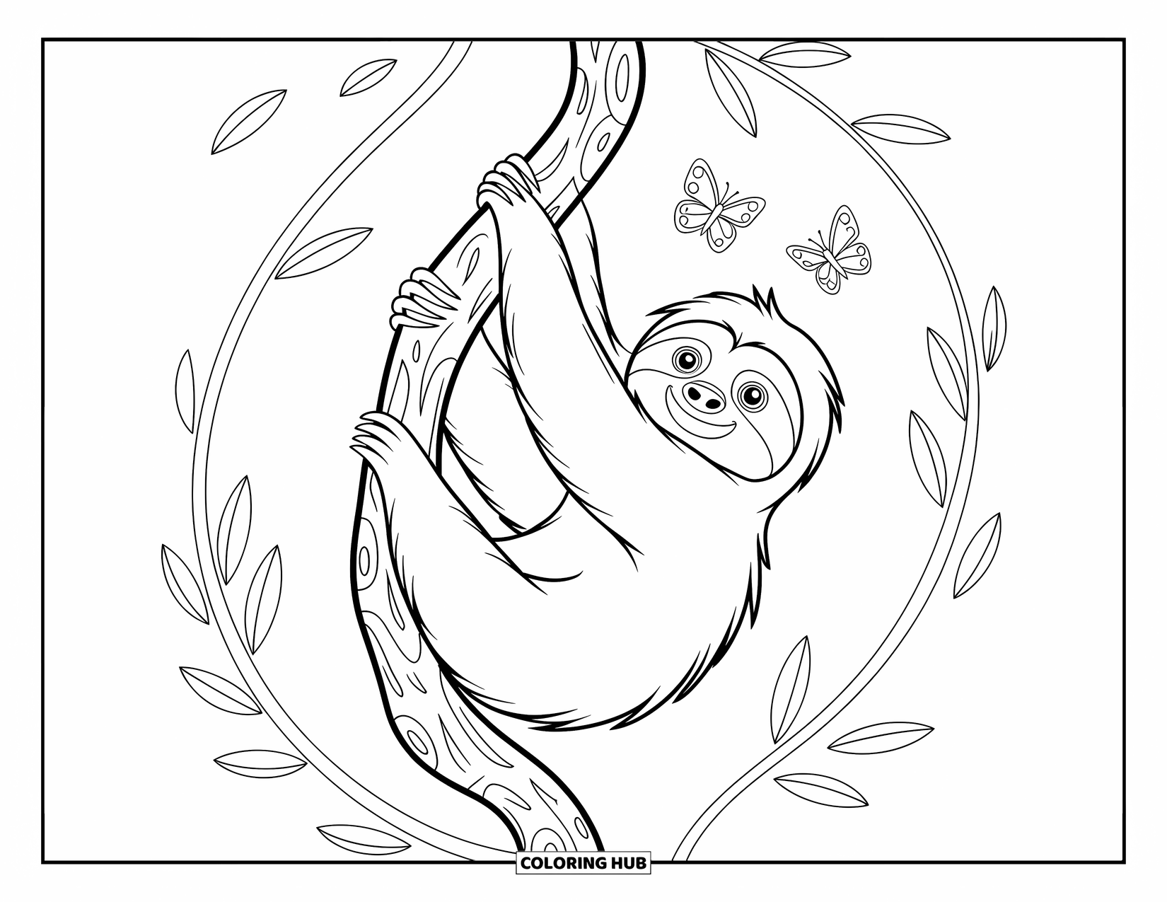 Disegno di un bradipo da colorare per bambini: Un bradipo si arrampica su una vite intrecciata con due farfalle che svolazzano nelle vicinanze