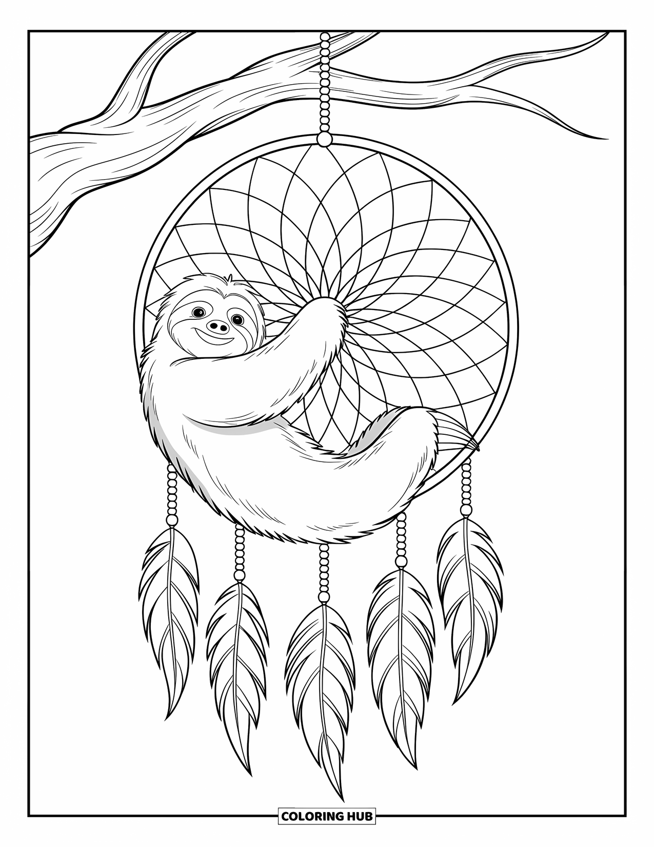 Disegno di un bradipo da colorare per bambini: Un bradipo si aggrappa a un grande acchiappasogni con motivi vorticosi e fili delicati