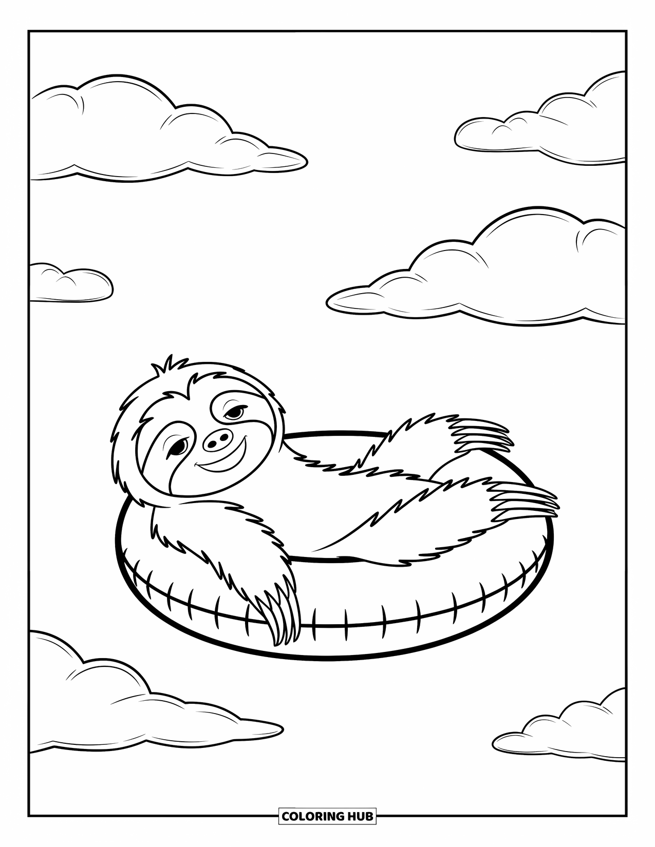 Disegno di un bradipo da colorare per bambini: Un bradipo galleggia su un anello gonfiabile con nuvole soffici che fluttuano sopra